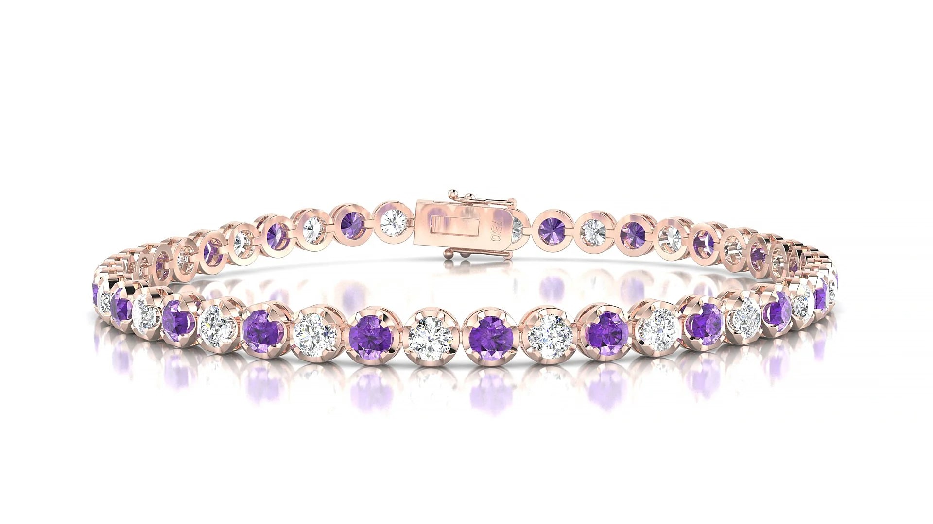 Bengal 1-1 | 18k Rose Gold 3 mm Round Natural Amethyst & Diamond Tennis Bracelet