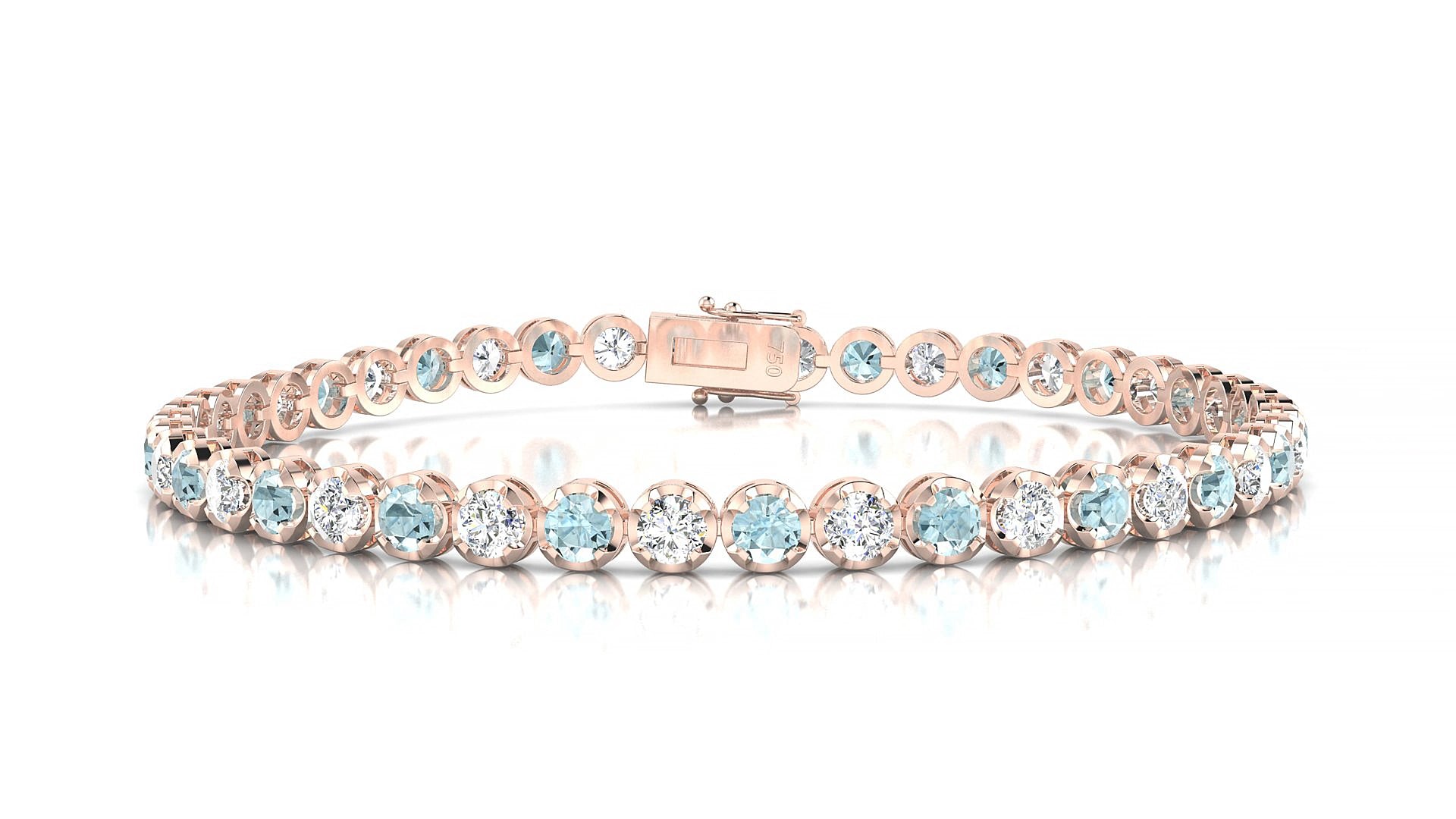 Bengal 1-1 | 18k Rose Gold 3 mm Round Natural Aquamarine & Diamond 17 cm Tennis Bracelet