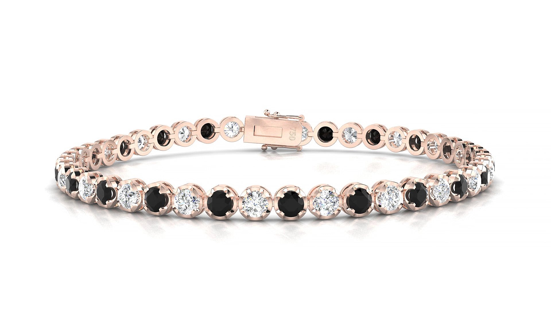 Bengal 1-1 | 18k Rose Gold 3 mm Round Natural Black Diamond & Diamond 17 cm Tennis Bracelet