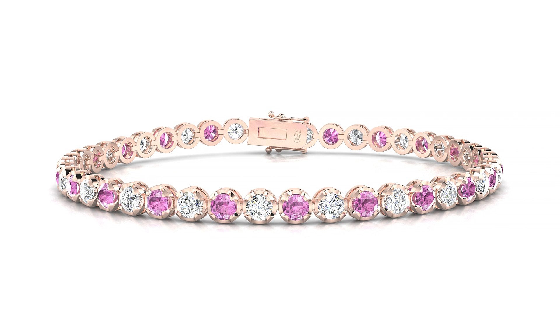 Bengal 1-1 | 18k Rose Gold 3 mm Round Natural Pink Sapphire & Diamond 20 cm Tennis Bracelet