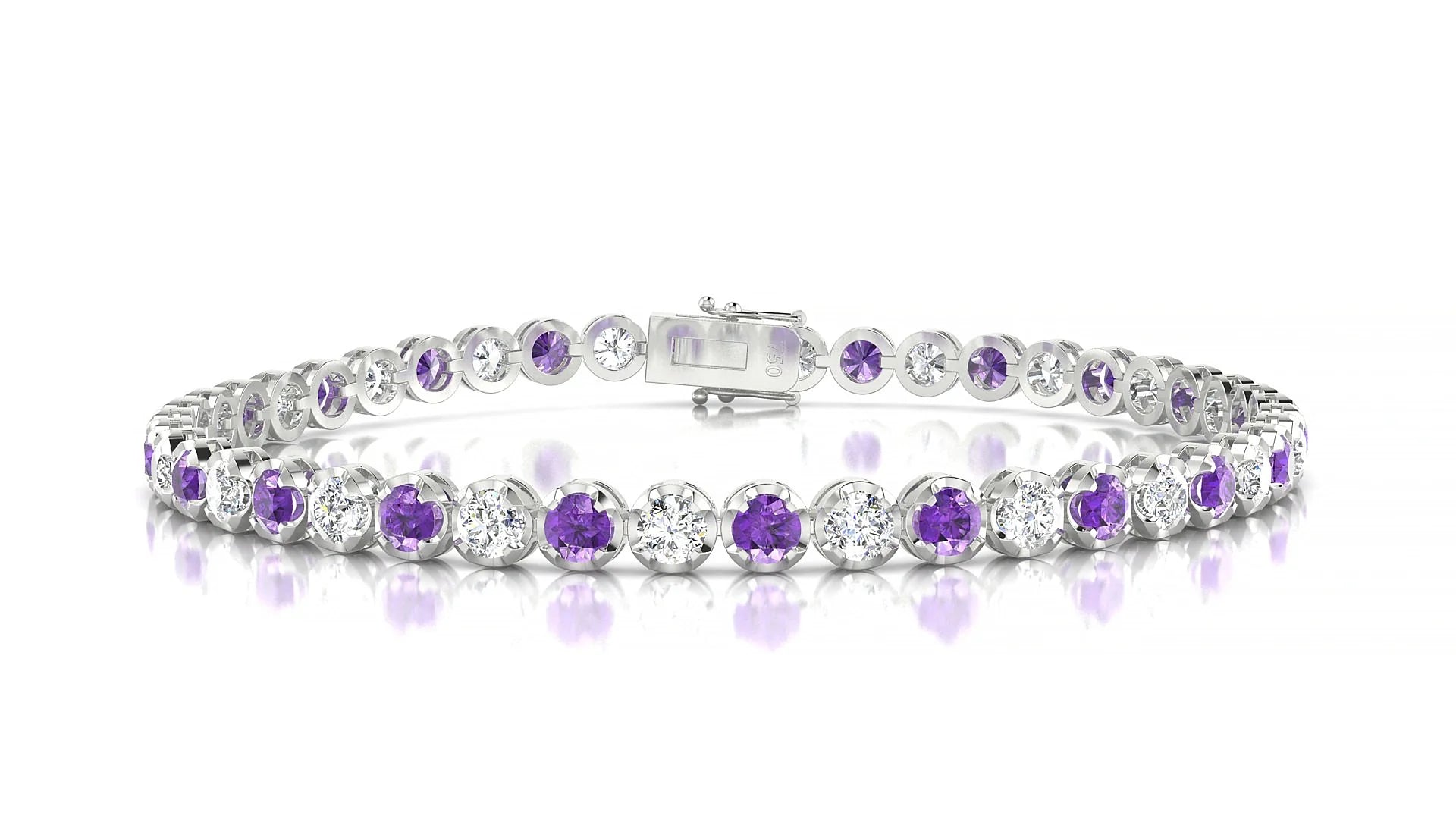 Bengal 1-1 | 18k White Gold 3 mm Round Natural Amethyst & Diamond Tennis Bracelet