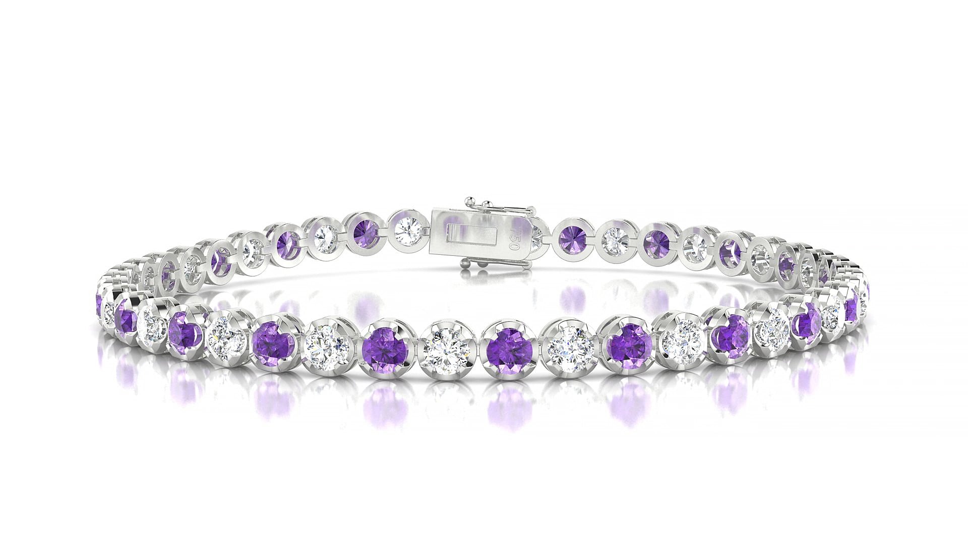 Bengal 1-1 | 18k White Gold 3 mm Round Natural Amethyst & Diamond 16 cm Tennis Bracelet