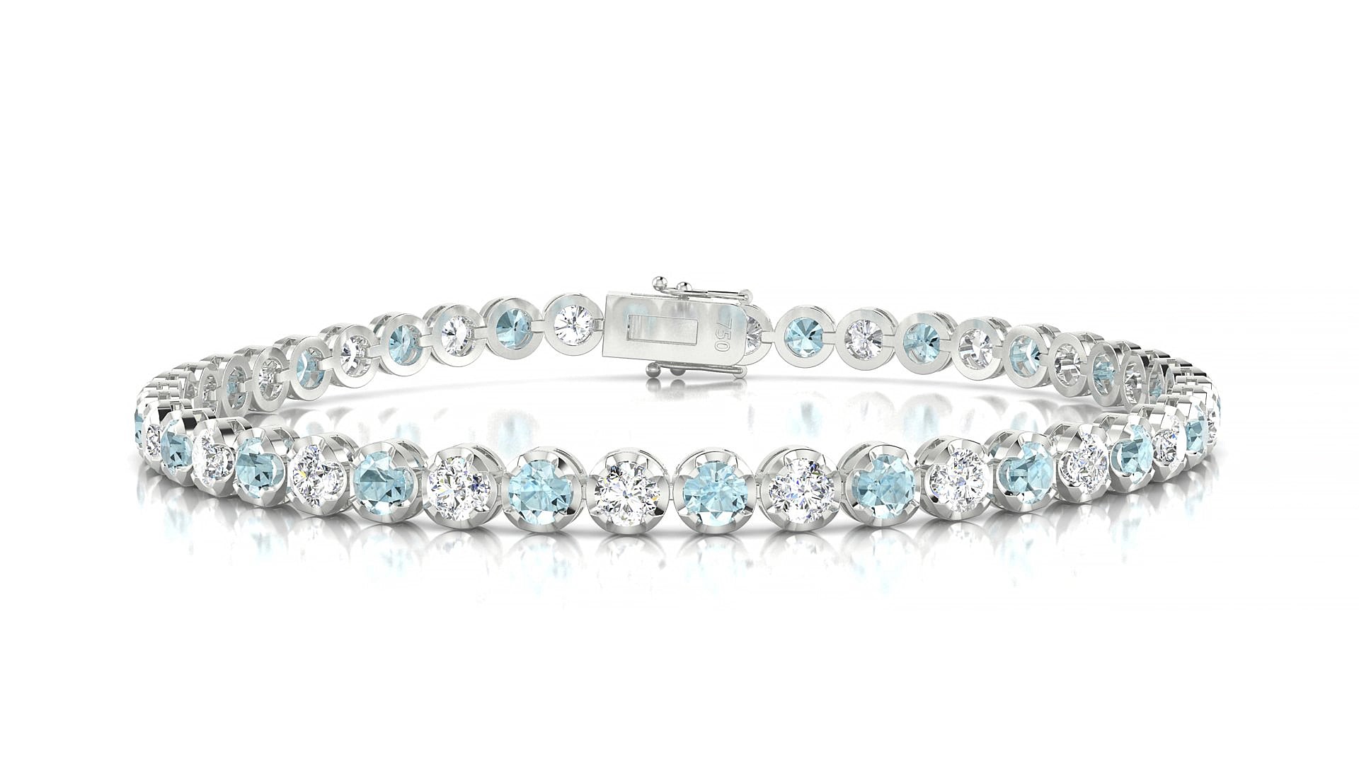 Bengal 1-1 | 18k White Gold 3 mm Round Natural Aquamarine & Diamond 17 cm Tennis Bracelet