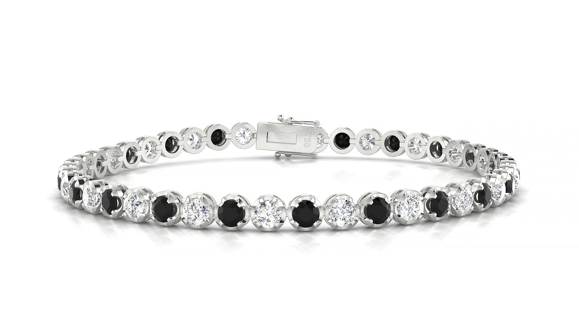 Bengal 1-1 | 18k White Gold 3 mm Round Natural Black Diamond & Diamond 19 cm Tennis Bracelet