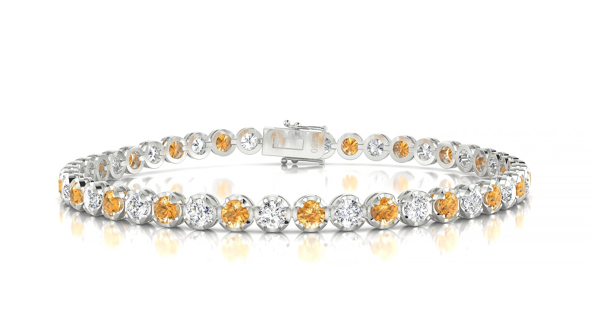 Bengal 1-1 | 18k White Gold 3 mm Round Natural Citrine & Diamond 15 cm Tennis Bracelet