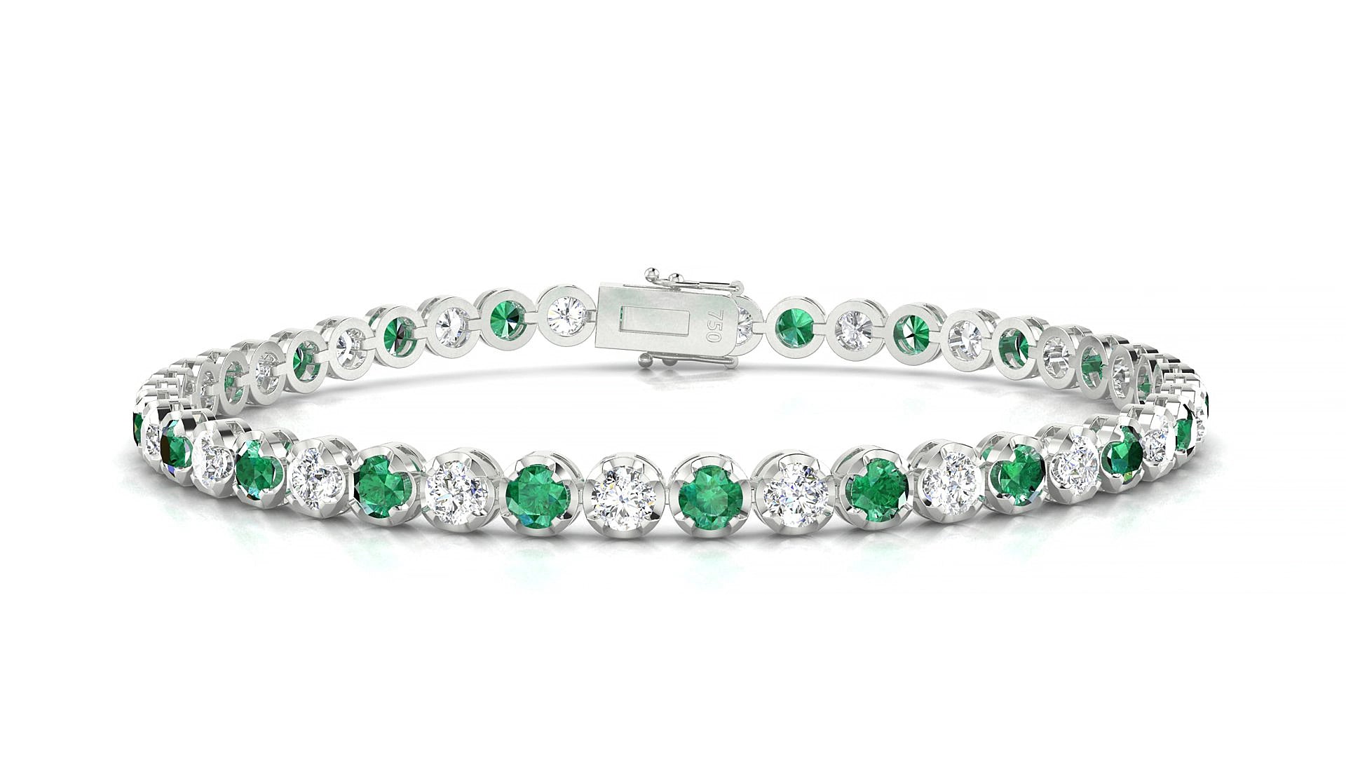 Bengal 1-1 | 18k White Gold 3 mm Round Natural Emerald & Diamond 15 cm Tennis Bracelet