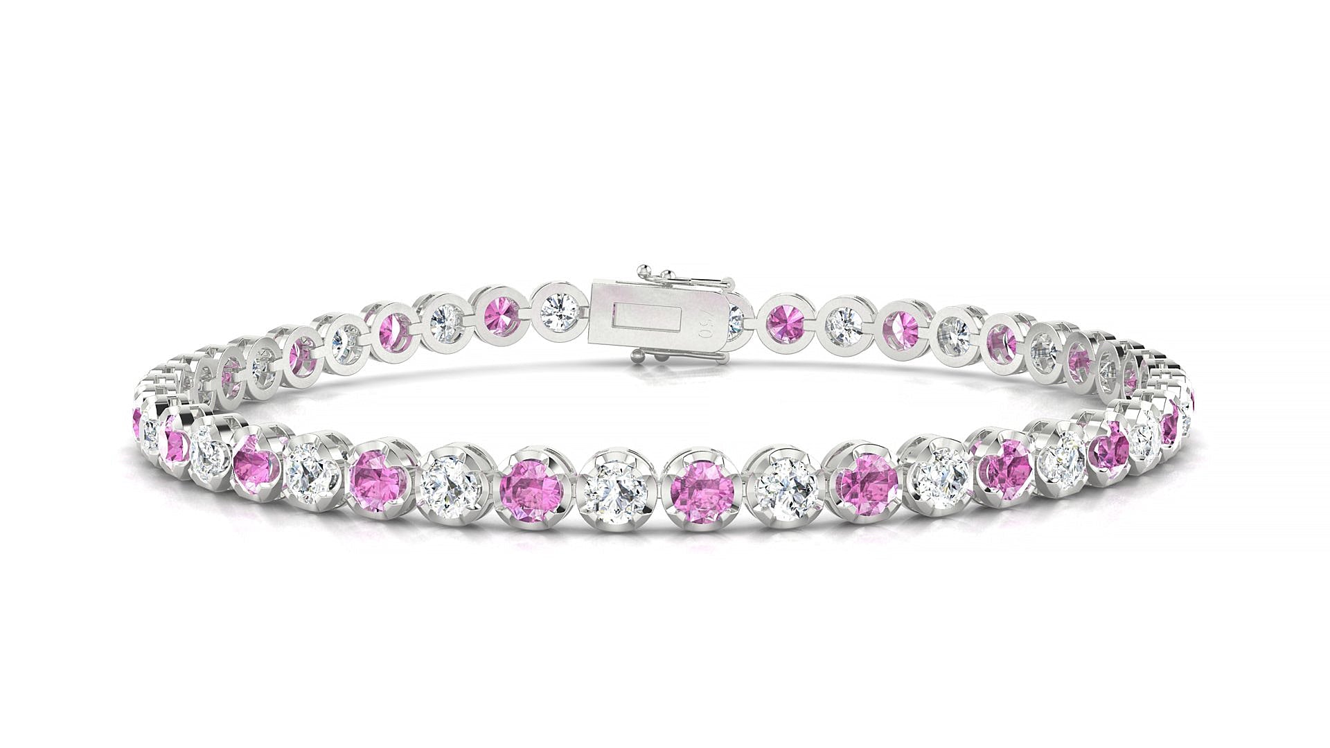 Bengal 1-1 | 18k White Gold 3 mm Round Natural Pink Sapphire & Diamond Tennis Bracelet