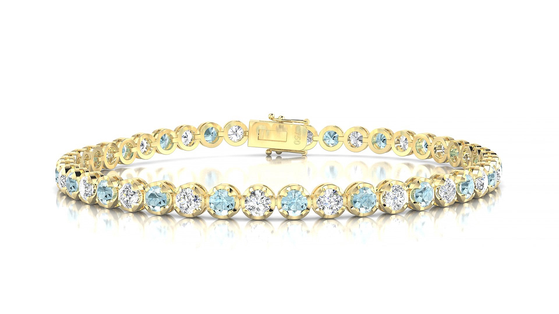 Bengal 1-1 | 18k Yellow Gold 3 mm Round Natural Aquamarine & Diamond 17 cm Tennis Bracelet