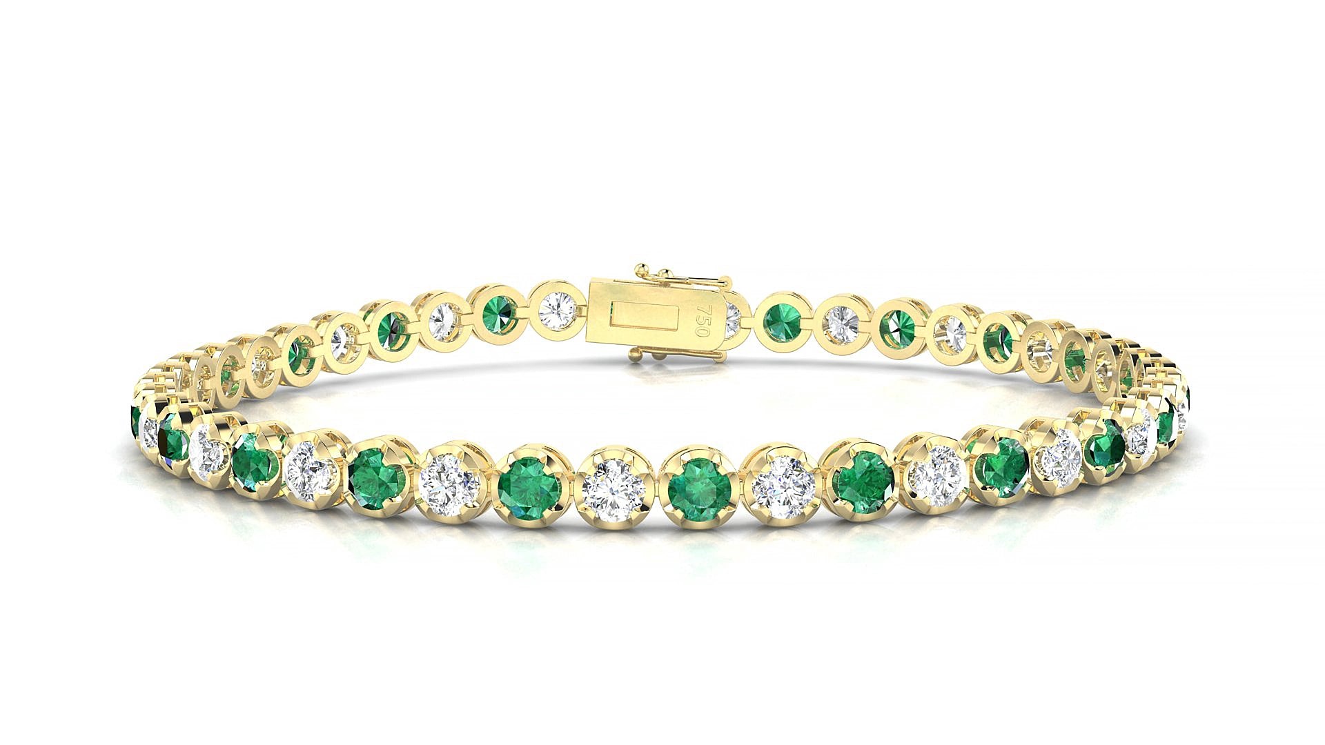Bengal 1-1 | 18k Yellow Gold 3 mm Round Natural Emerald & Diamond 15 cm Tennis Bracelet