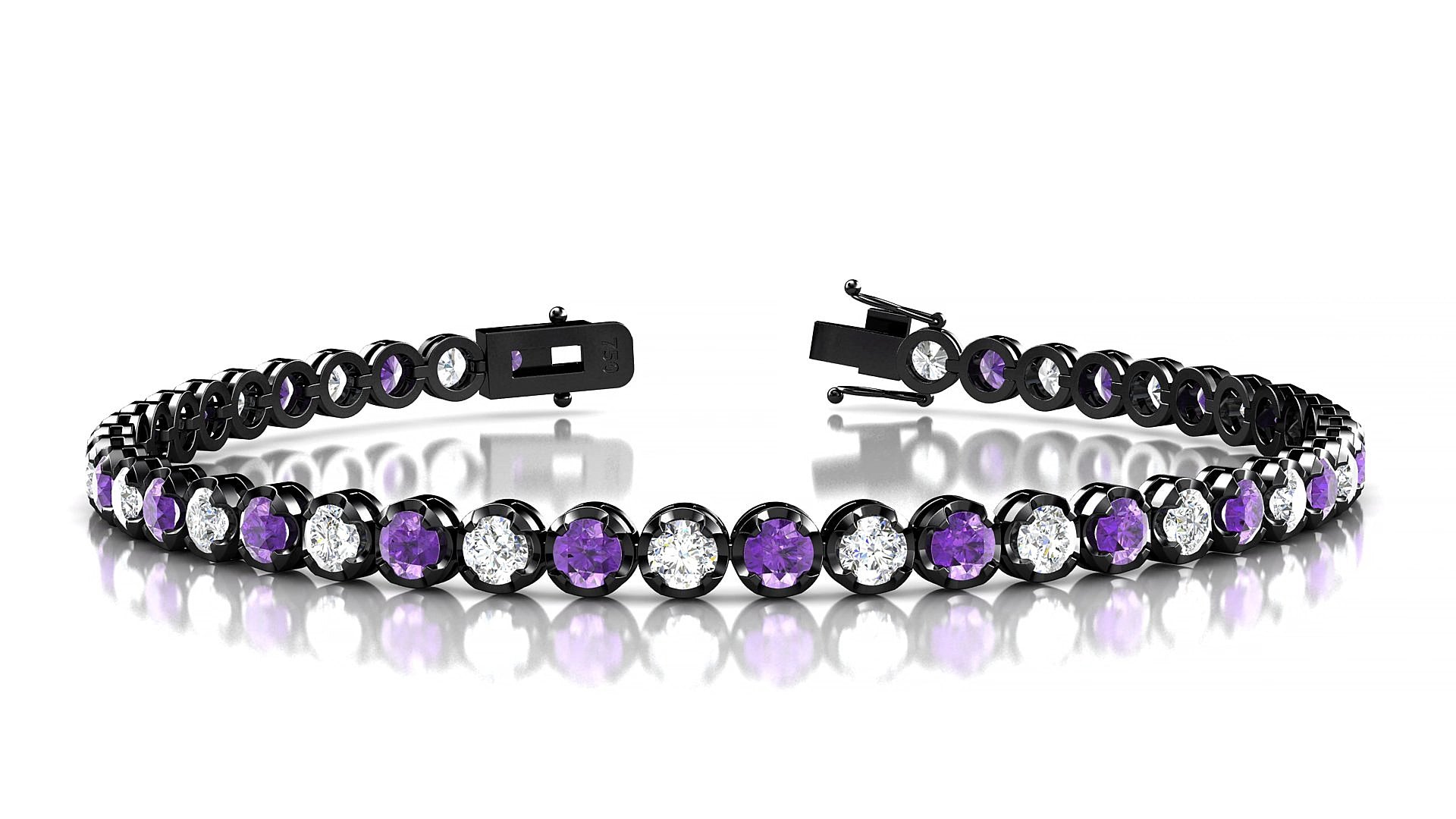 Bengal 1-1 | 18k Black Gold 3 mm Round Natural Amethyst & Diamond 17 cm Tennis Bracelet