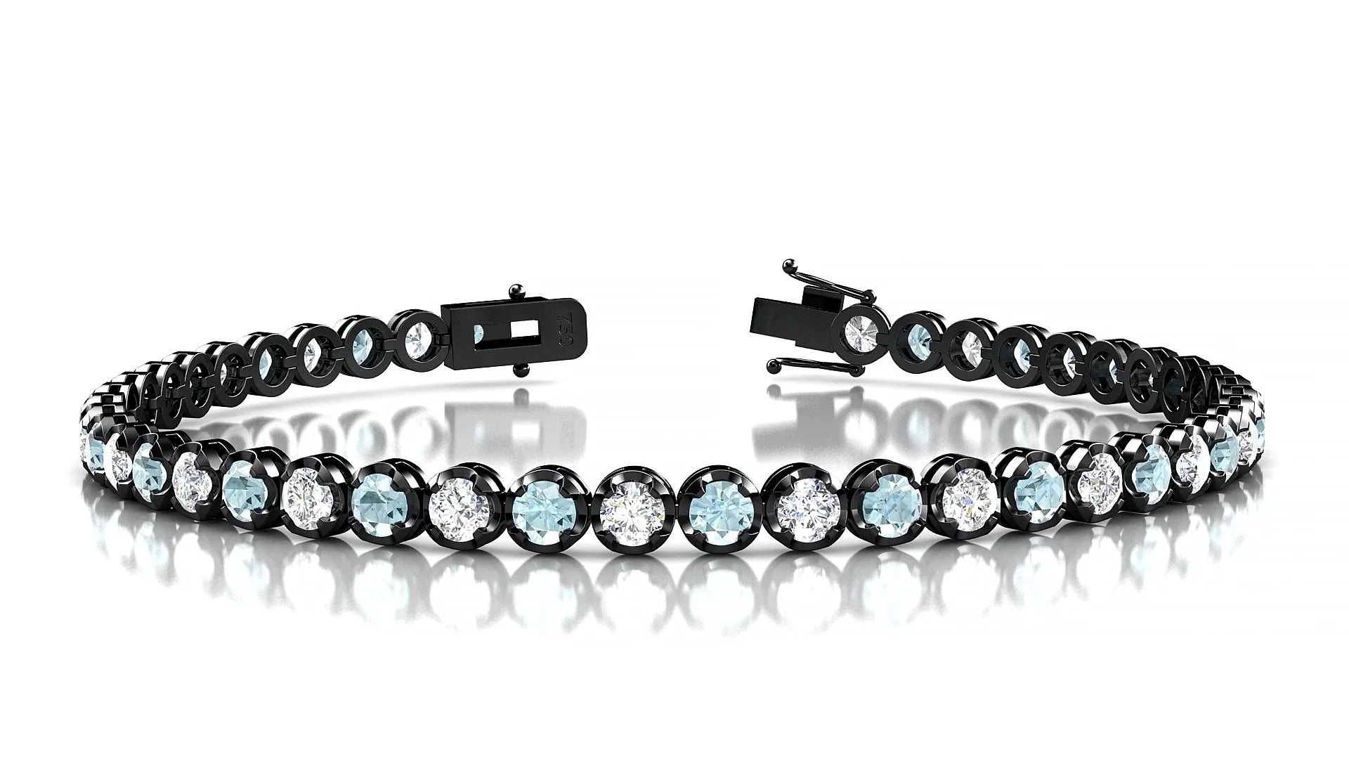 Bengal 1-1 | 18k Black Gold 3 mm Round Natural Aquamarine & Diamond Tennis Bracelet