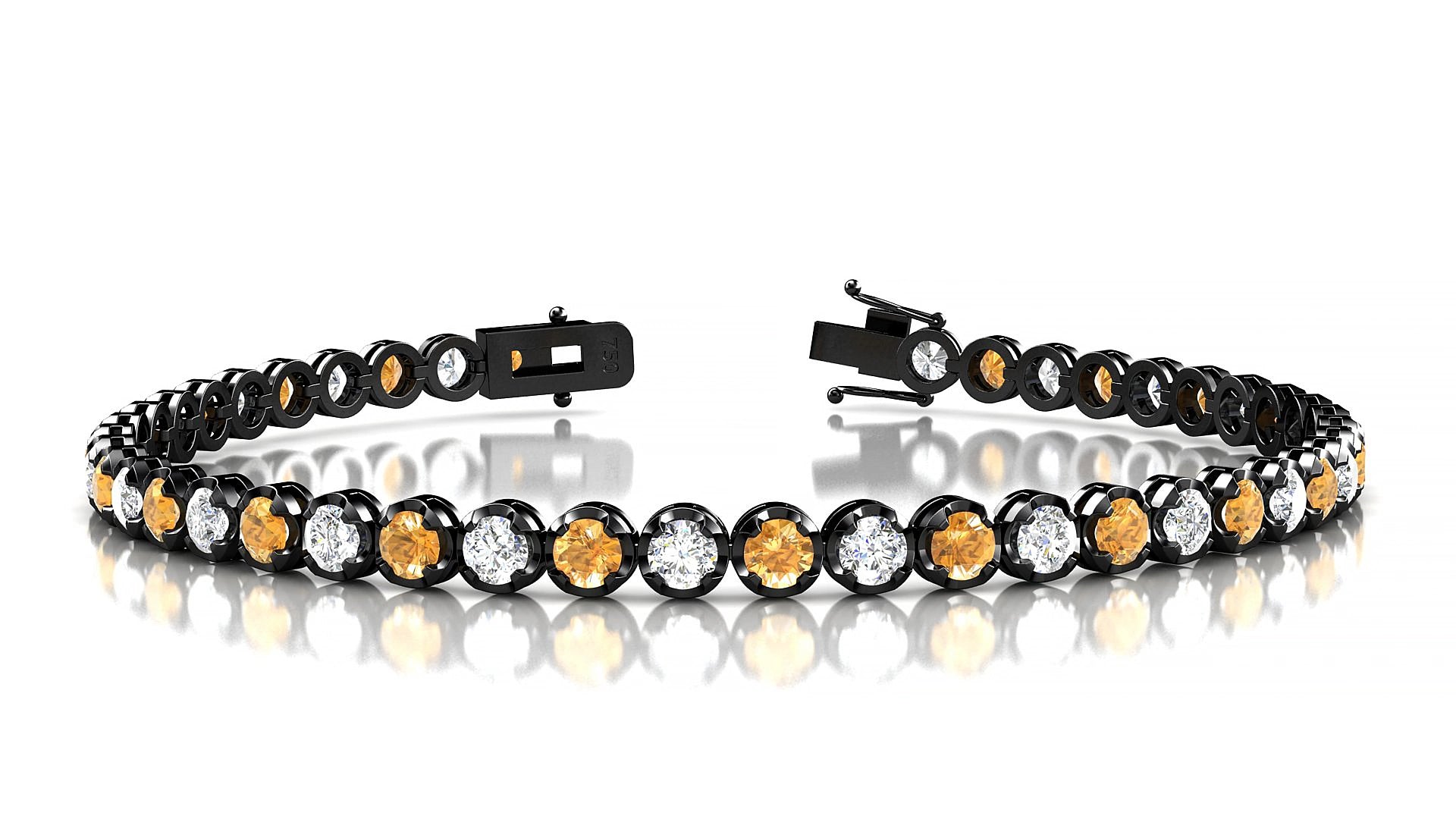 Bengal 1-1 | 18k Black Gold 3 mm Round Natural Citrine & Diamond 15 cm Tennis Bracelet