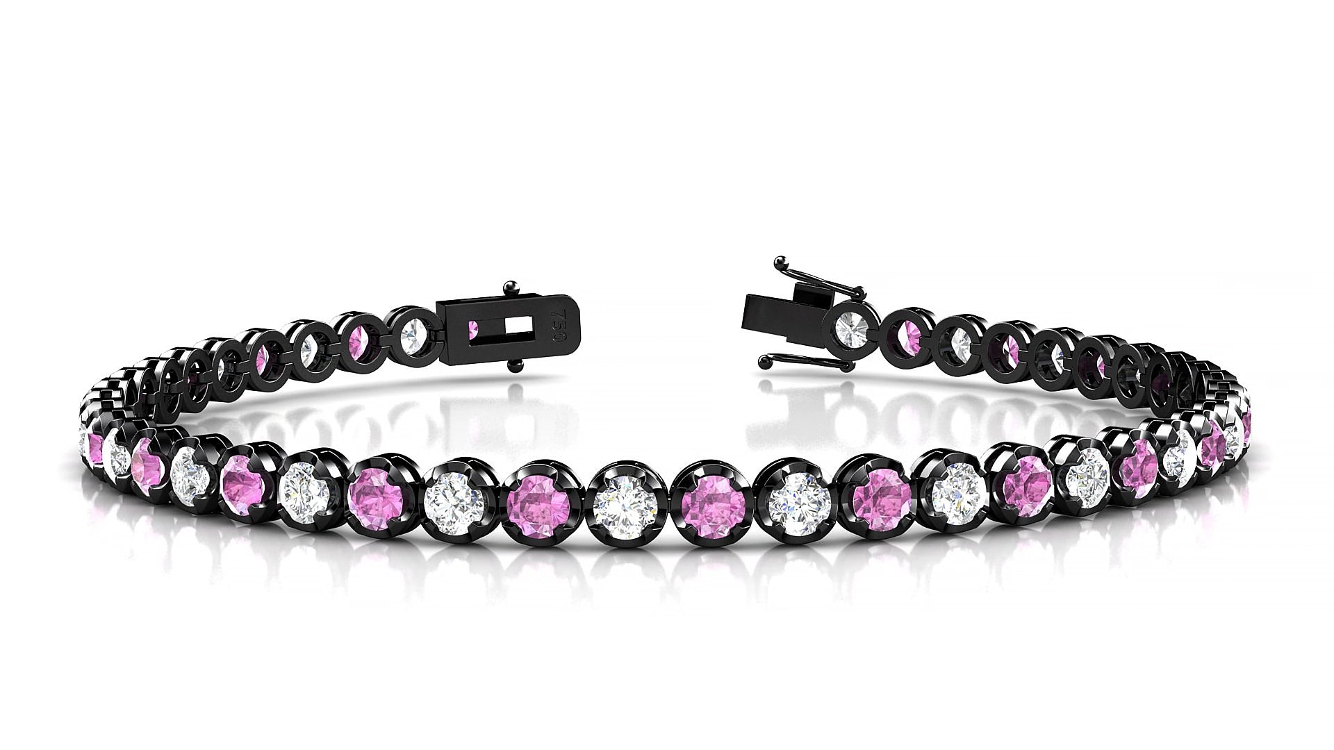 Bengal 1-1 | 18k Black Gold 3 mm Round Natural Pink Sapphire & Diamond 15 cm Tennis Bracelet