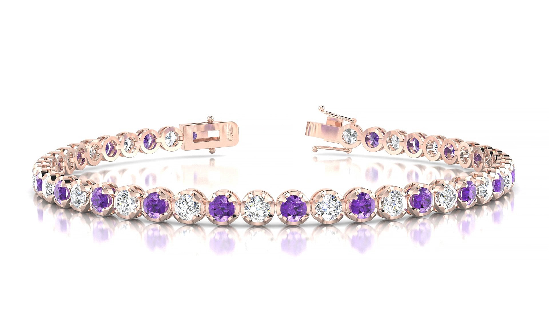 Bengal 1-1 | 18k Rose Gold 3 mm Round Natural Amethyst & Diamond 17 cm Tennis Bracelet