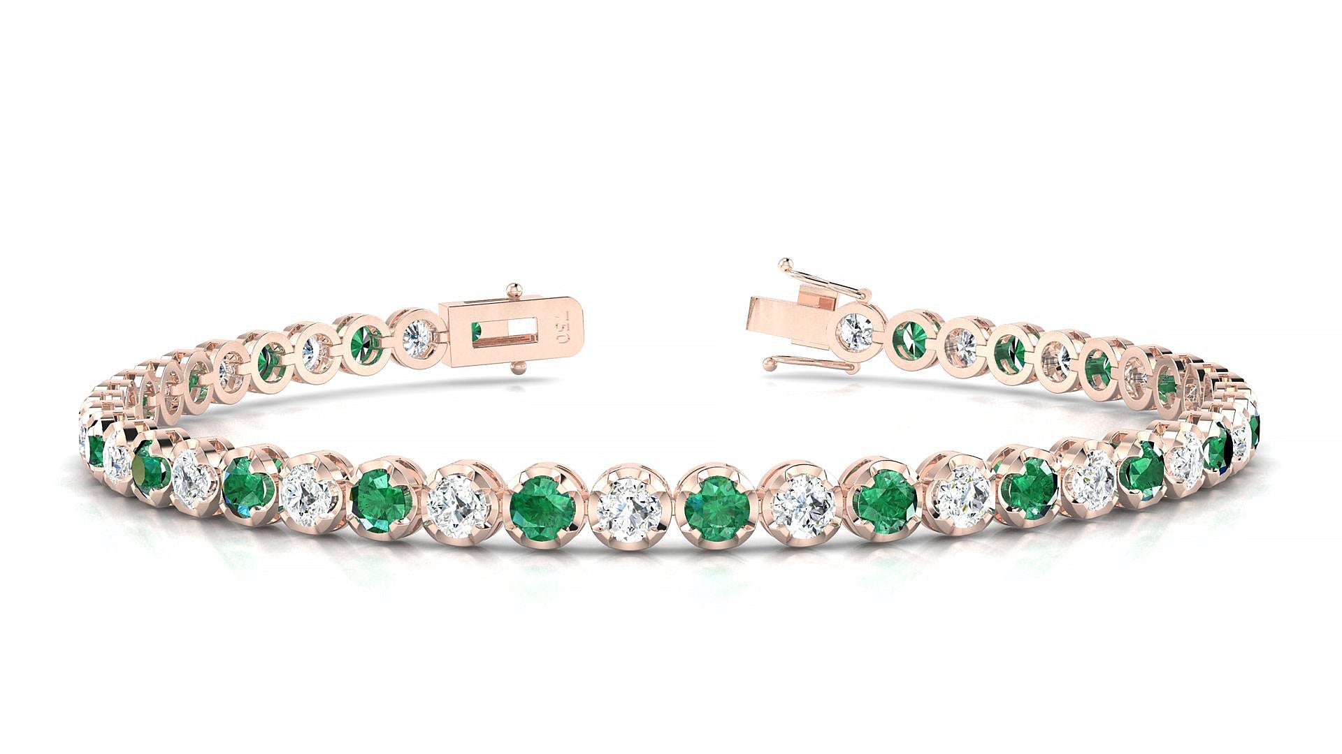 Bengal 1-1 | 18k Rose Gold 3 mm Round Natural Emerald & Diamond Tennis Bracelet