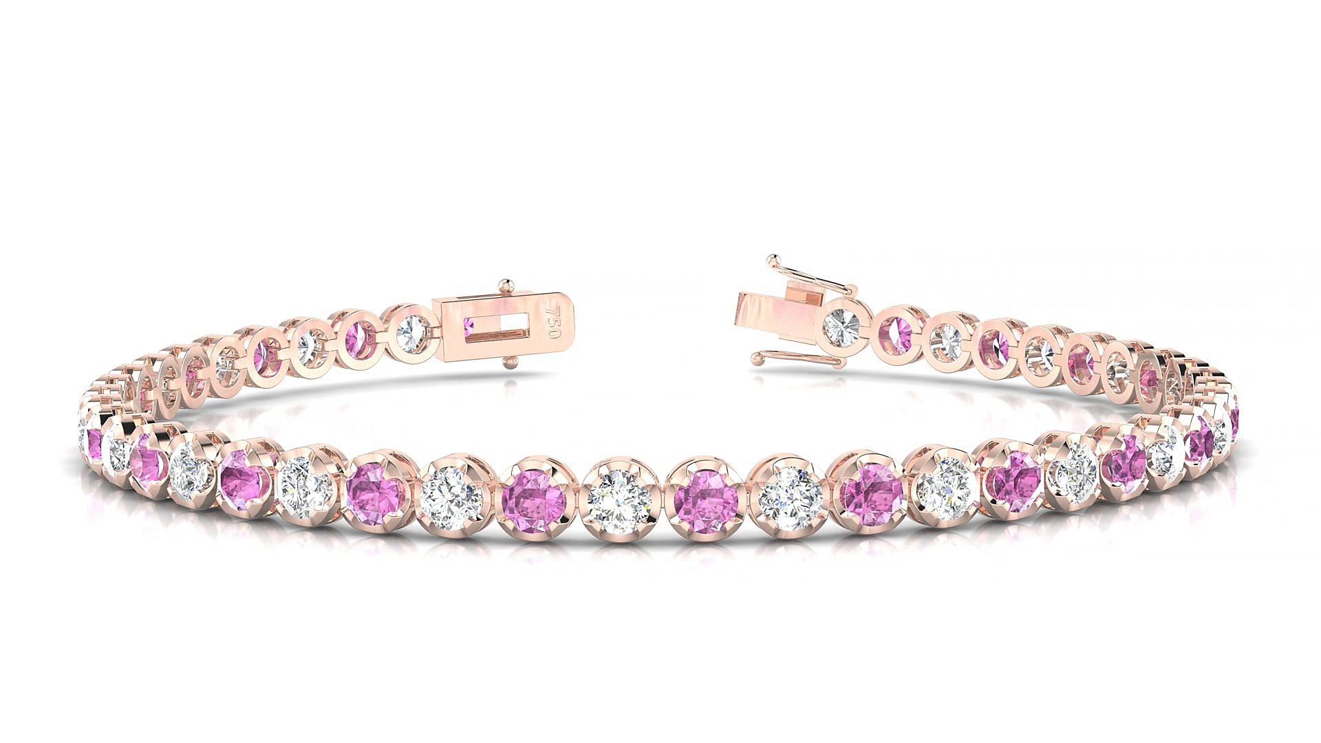 Bengal 1-1 | 18k Rose Gold 3 mm Round Natural Pink Sapphire & Diamond 15 cm Tennis Bracelet
