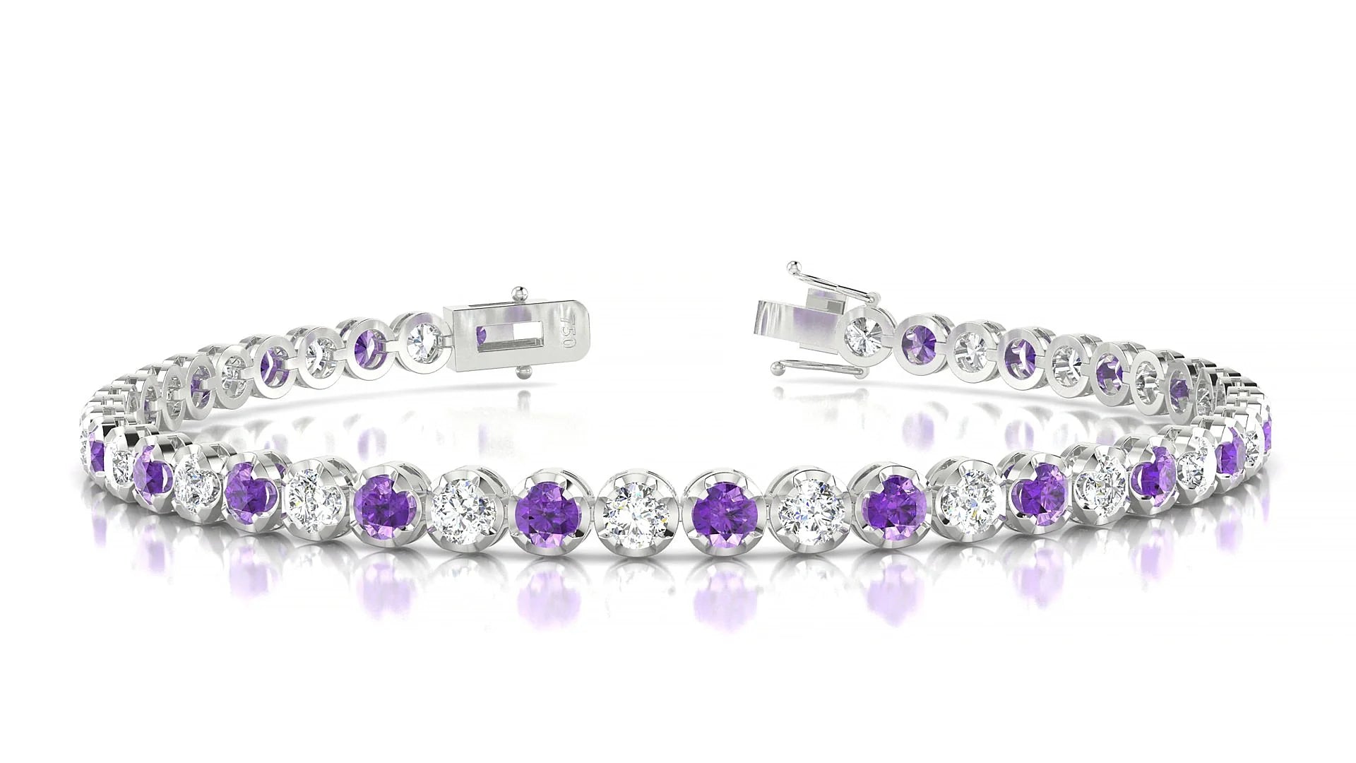 Bengal 1-1 | 18k White Gold 3 mm Round Natural Amethyst & Diamond Tennis Bracelet