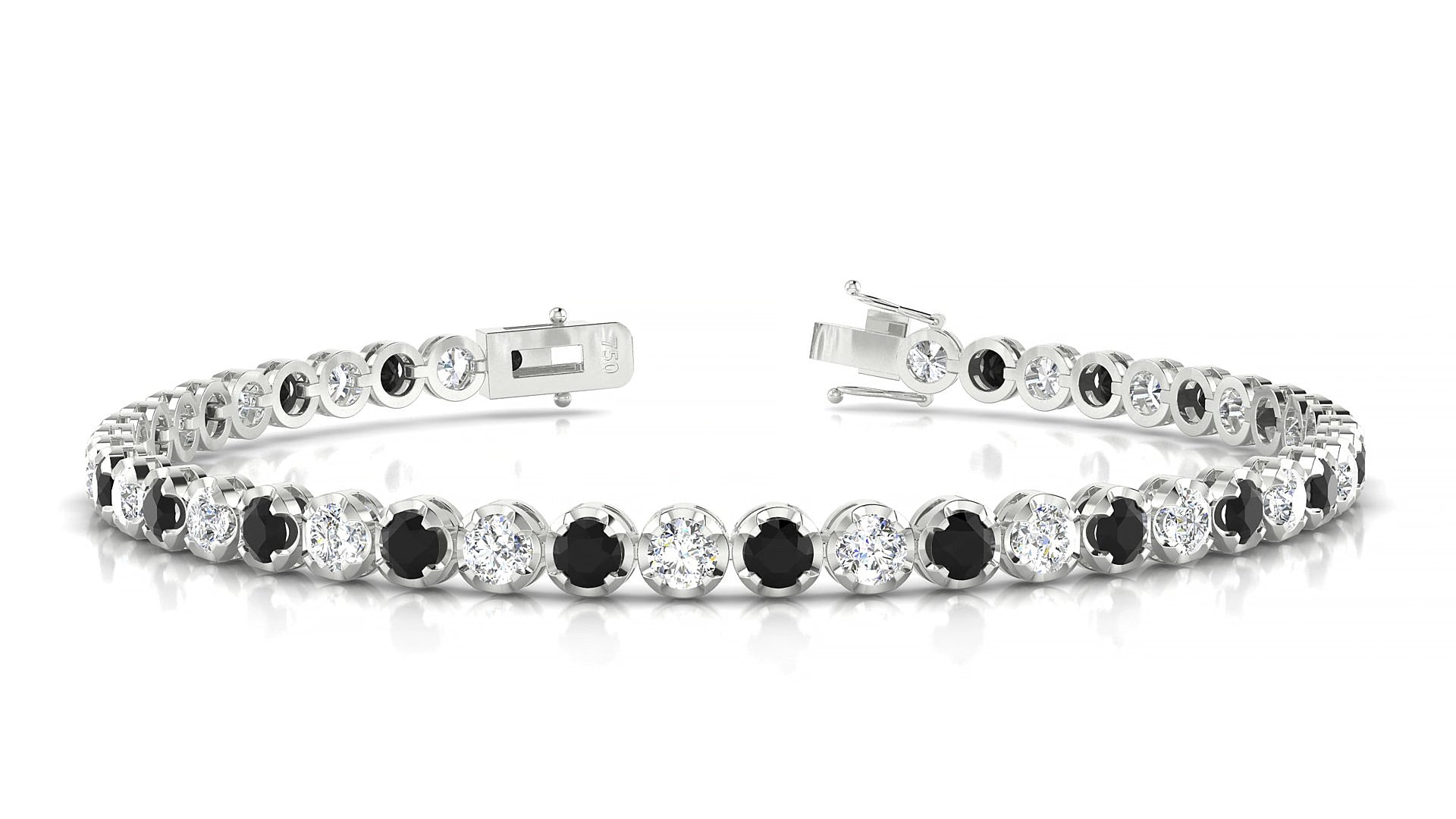 Bengal 1-1 | 18k White Gold 3 mm Round Natural Black Diamond & Diamond 15 cm Tennis Bracelet