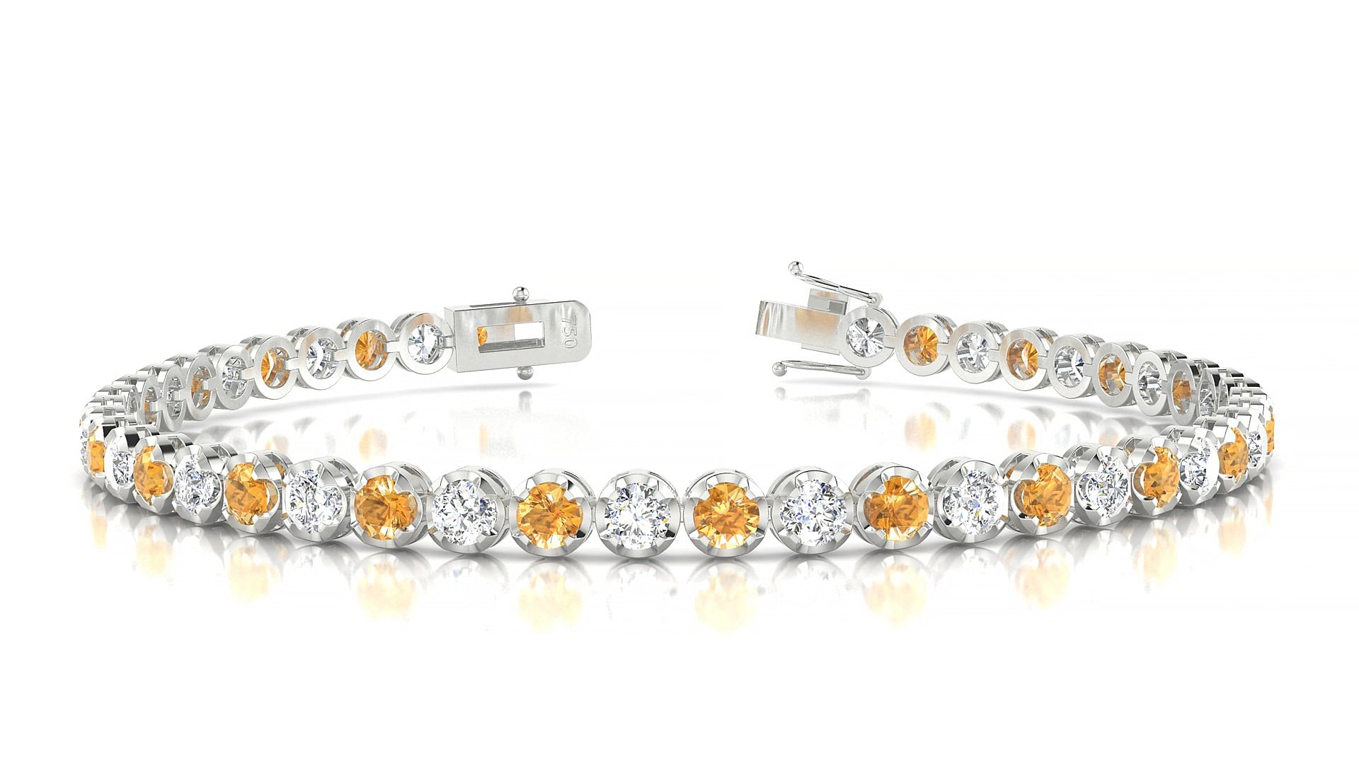 Bengal 1-1 | 18k White Gold 3 mm Round Natural Citrine & Diamond 15 cm Tennis Bracelet