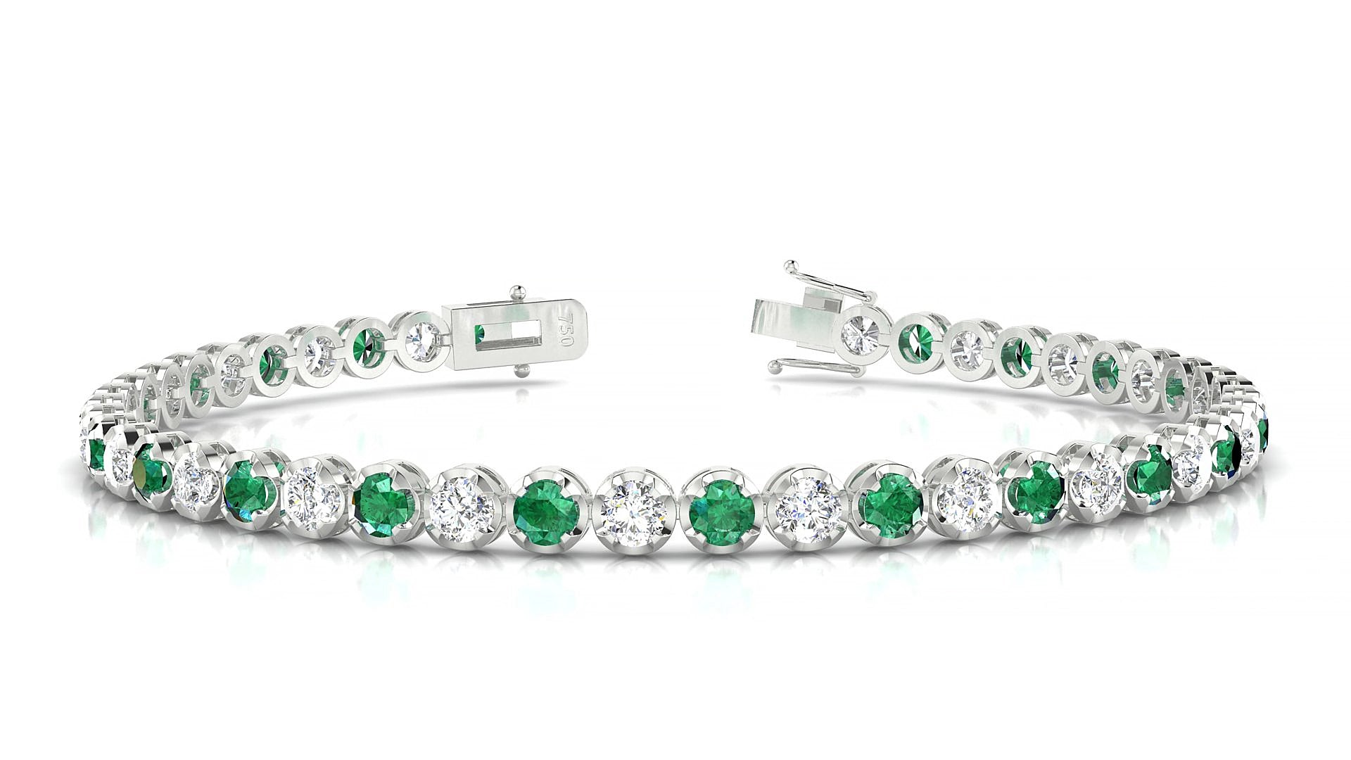 Bengal 1-1 | 18k White Gold 3 mm Round Natural Emerald & Diamond 15 cm Tennis Bracelet