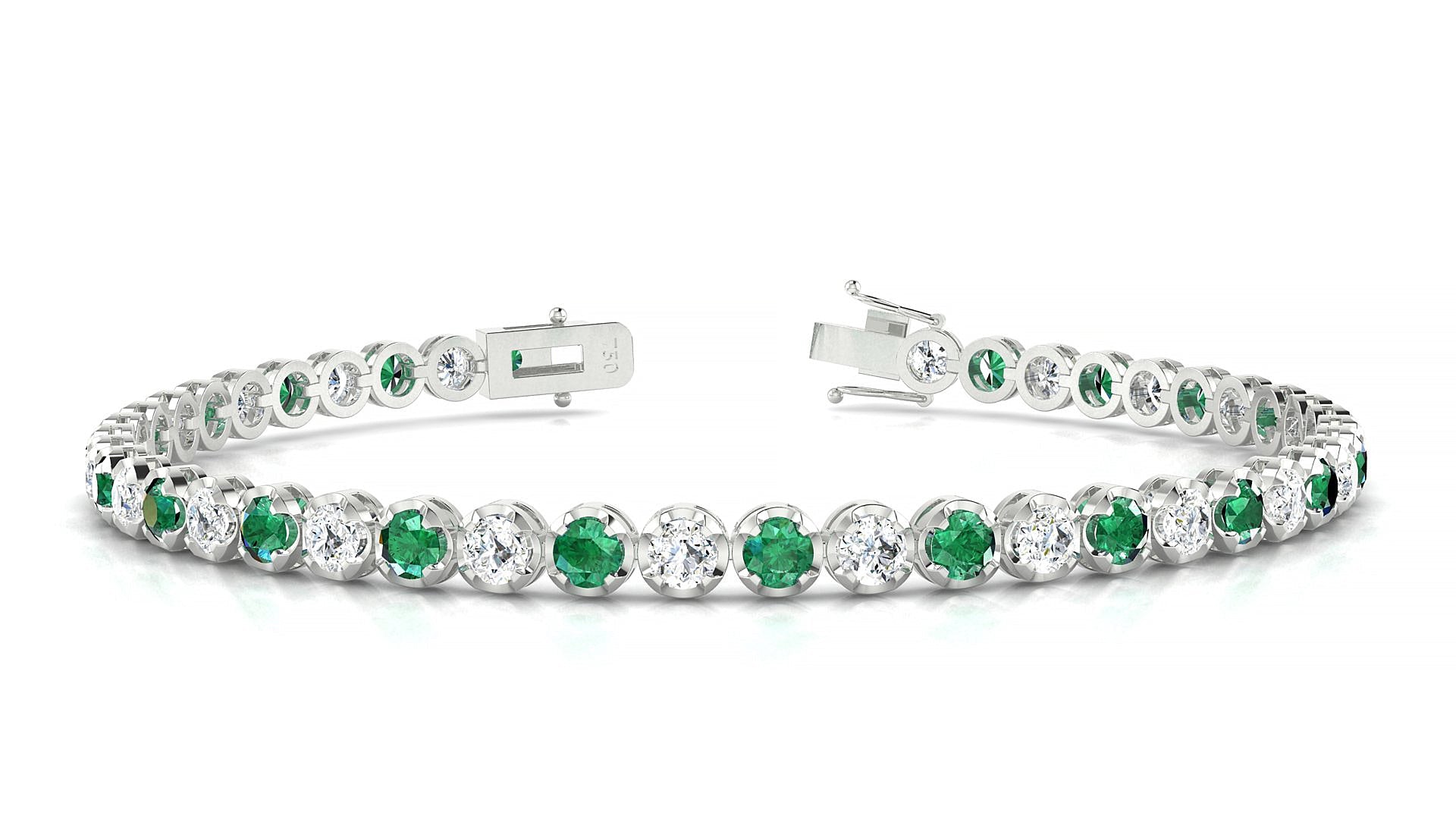 Bengal 1-1 | 18k White Gold 3 mm Round Natural Emerald & Diamond Tennis Bracelet