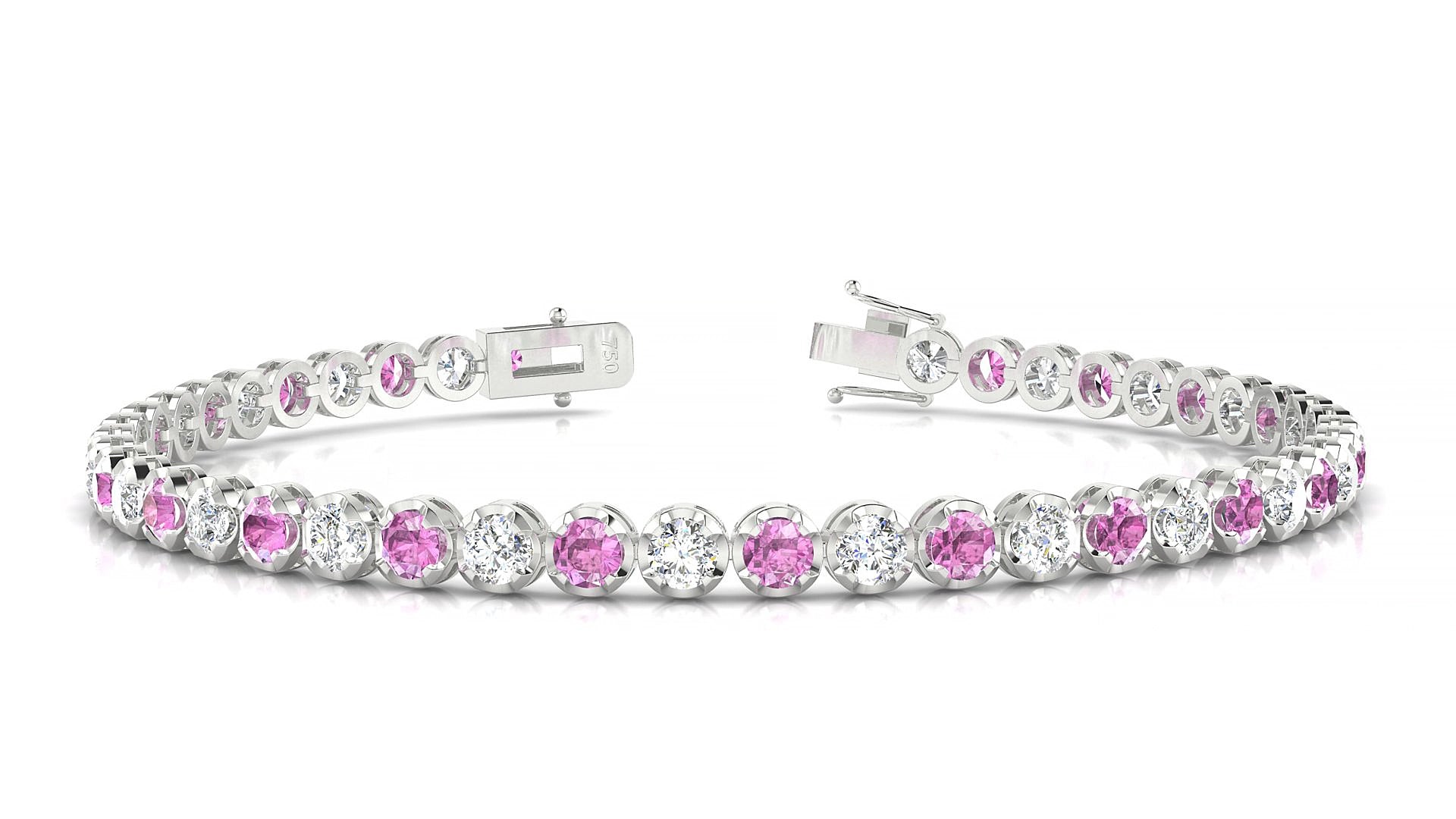 Bengal 1-1 | 18k White Gold 3 mm Round Natural Pink Sapphire & Diamond 15 cm Tennis Bracelet