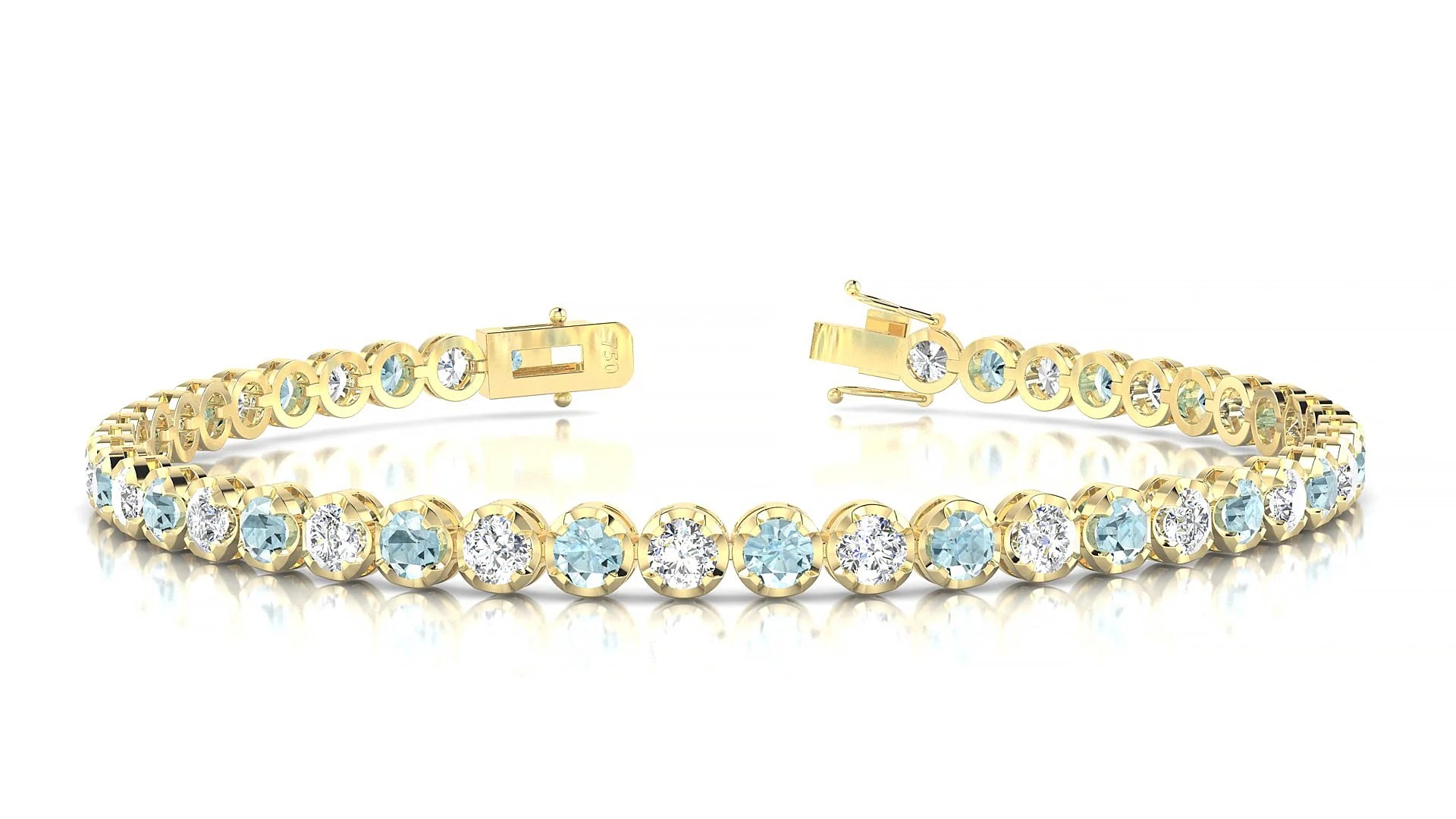 Bengal 1-1 | 18k Yellow Gold 3 mm Round Natural Aquamarine & Diamond Tennis Bracelet