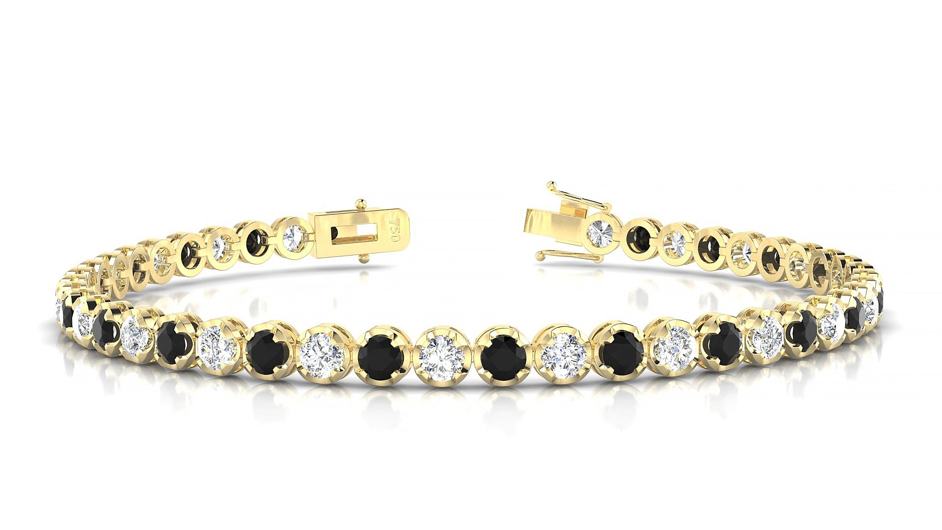 Bengal 1-1 | 18k Yellow Gold 3 mm Round Natural Black Diamond & Diamond 15 cm Tennis Bracelet
