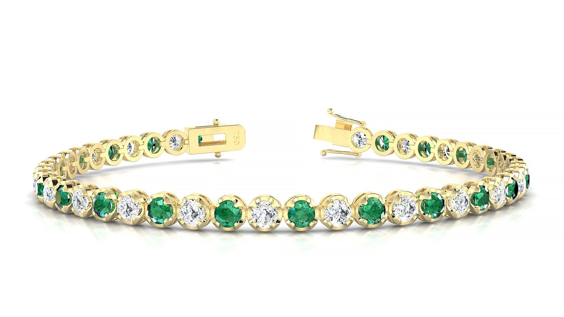 Bengal 1-1 | 18k Yellow Gold 3 mm Round Natural Emerald & Diamond Tennis Bracelet