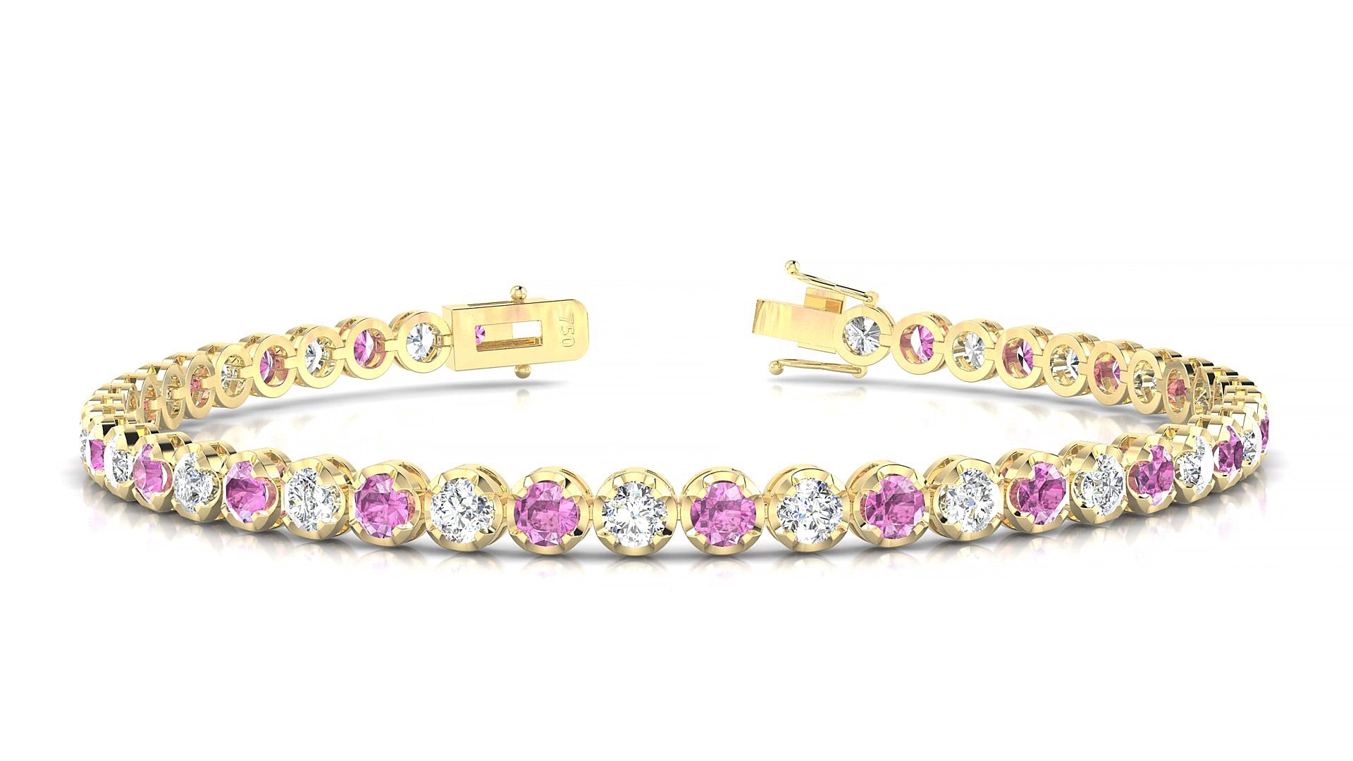 Bengal 1-1 | 18k Yellow Gold 3 mm Round Natural Pink Sapphire & Diamond 15 cm Tennis Bracelet
