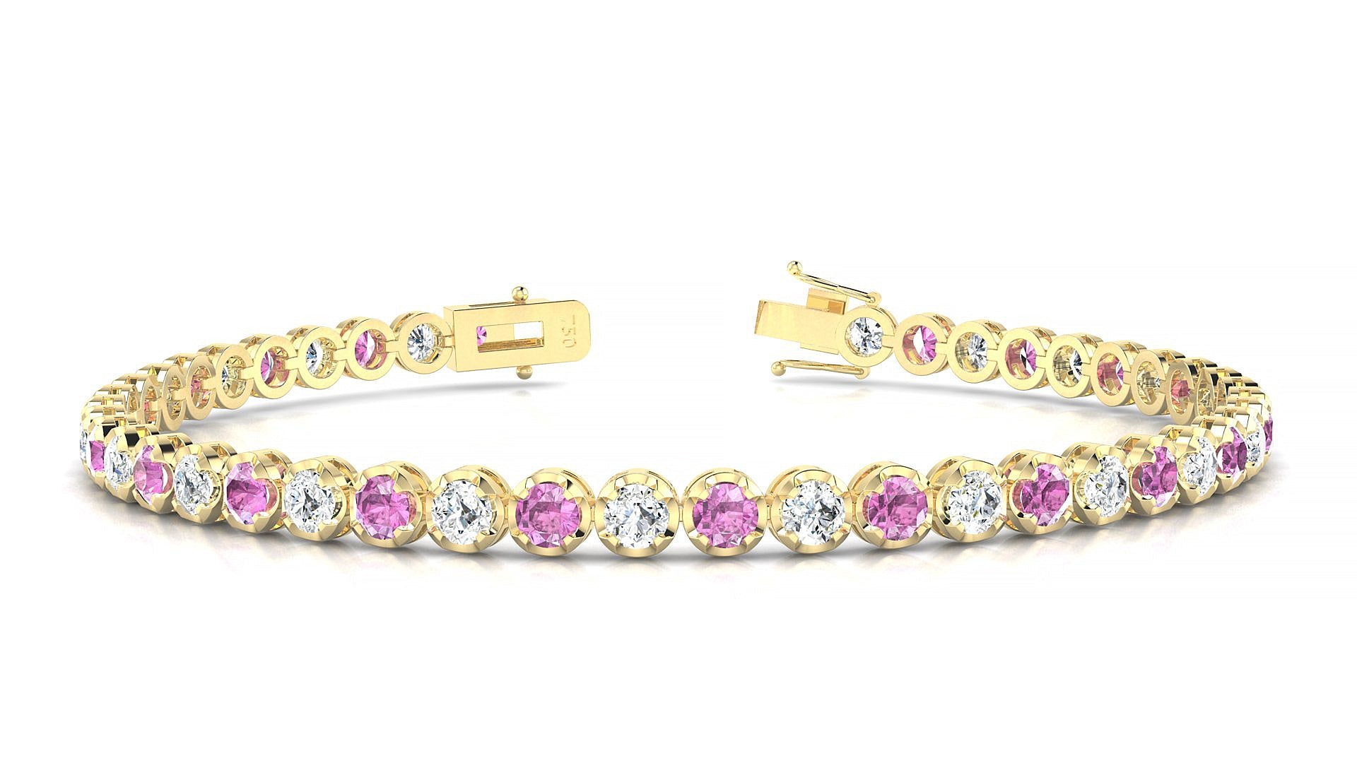 Bengal 1-1 | 18k Yellow Gold 3 mm Round Natural Pink Sapphire & Diamond Tennis Bracelet