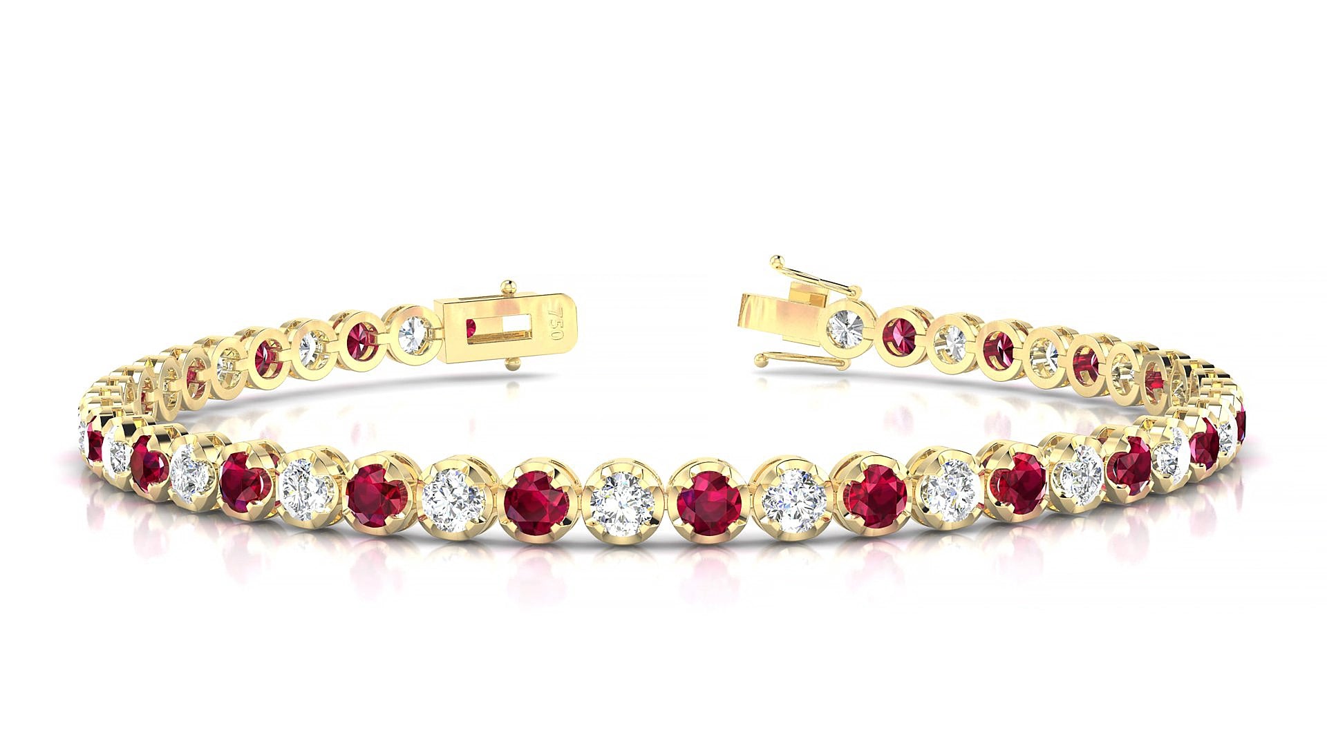 Bengal 1-1 | 18k Yellow Gold 3 mm Round Natural Ruby & Diamond 18 cm Tennis Bracelet