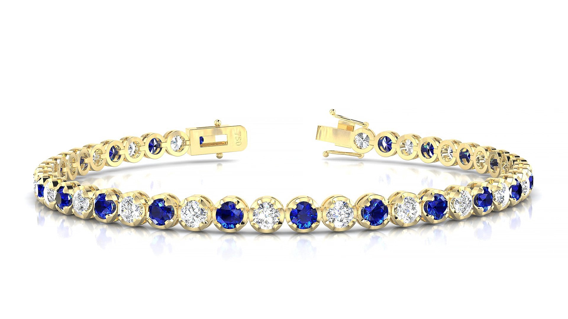 Bengal 1-1 | 18k Yellow Gold 3 mm Round Natural Sapphire & Diamond 15 cm Tennis Bracelet