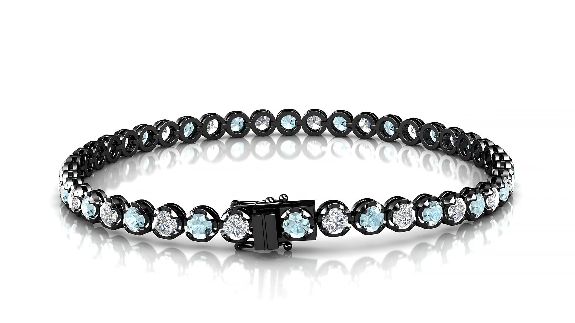 Bengal 1-1 | 18k Black Gold 3 mm Round Natural Aquamarine & Diamond 17 cm Tennis Bracelet