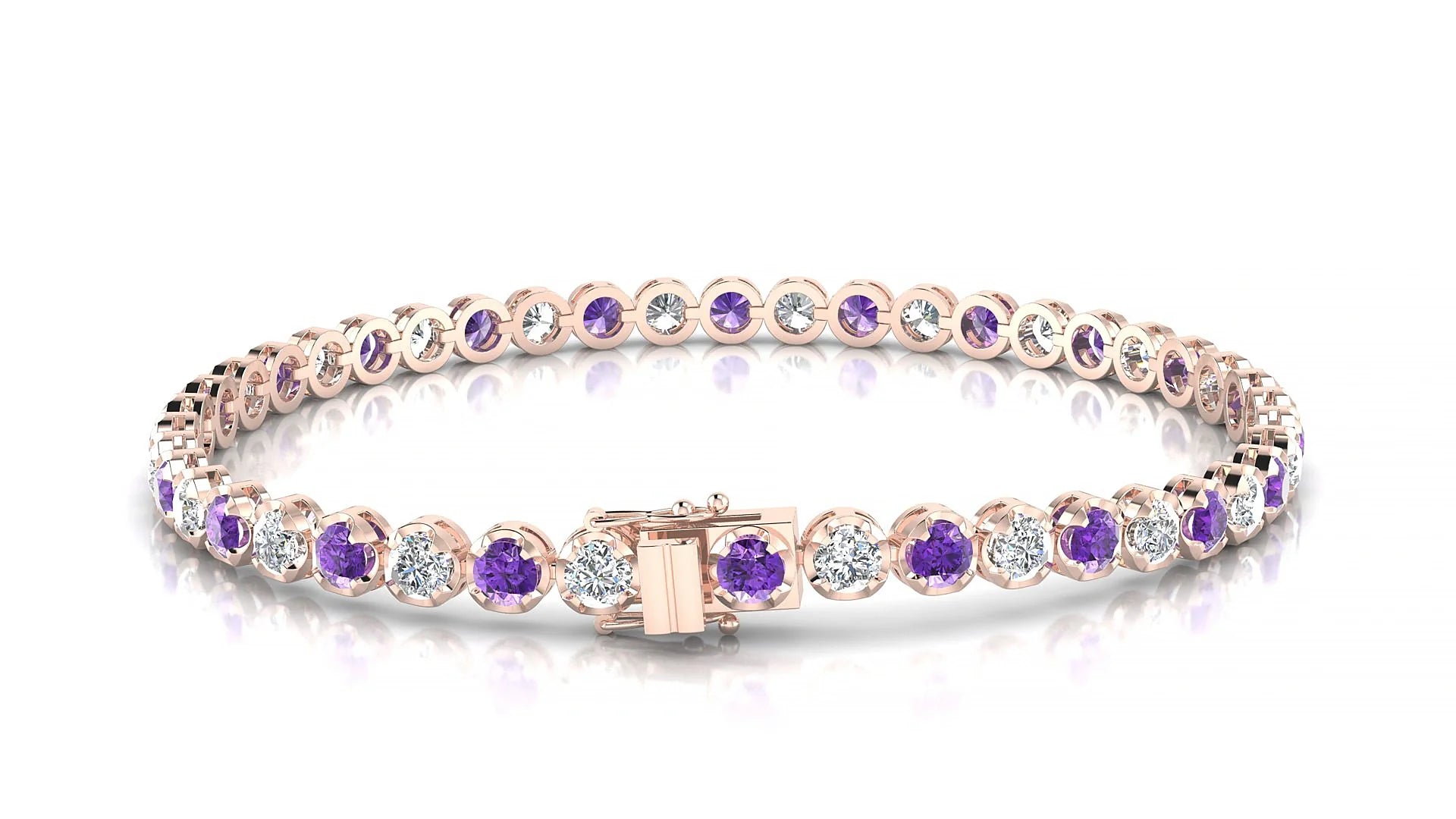 Bengal 1-1 | 18k Rose Gold 3 mm Round Natural Amethyst & Diamond Tennis Bracelet