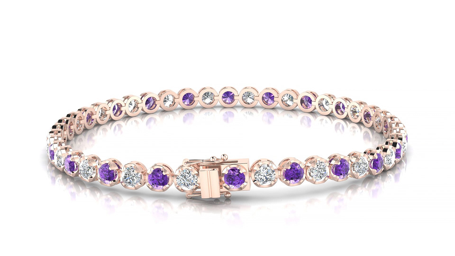 Bengal 1-1 | 18k Rose Gold 3 mm Round Natural Amethyst & Diamond 17 cm Tennis Bracelet