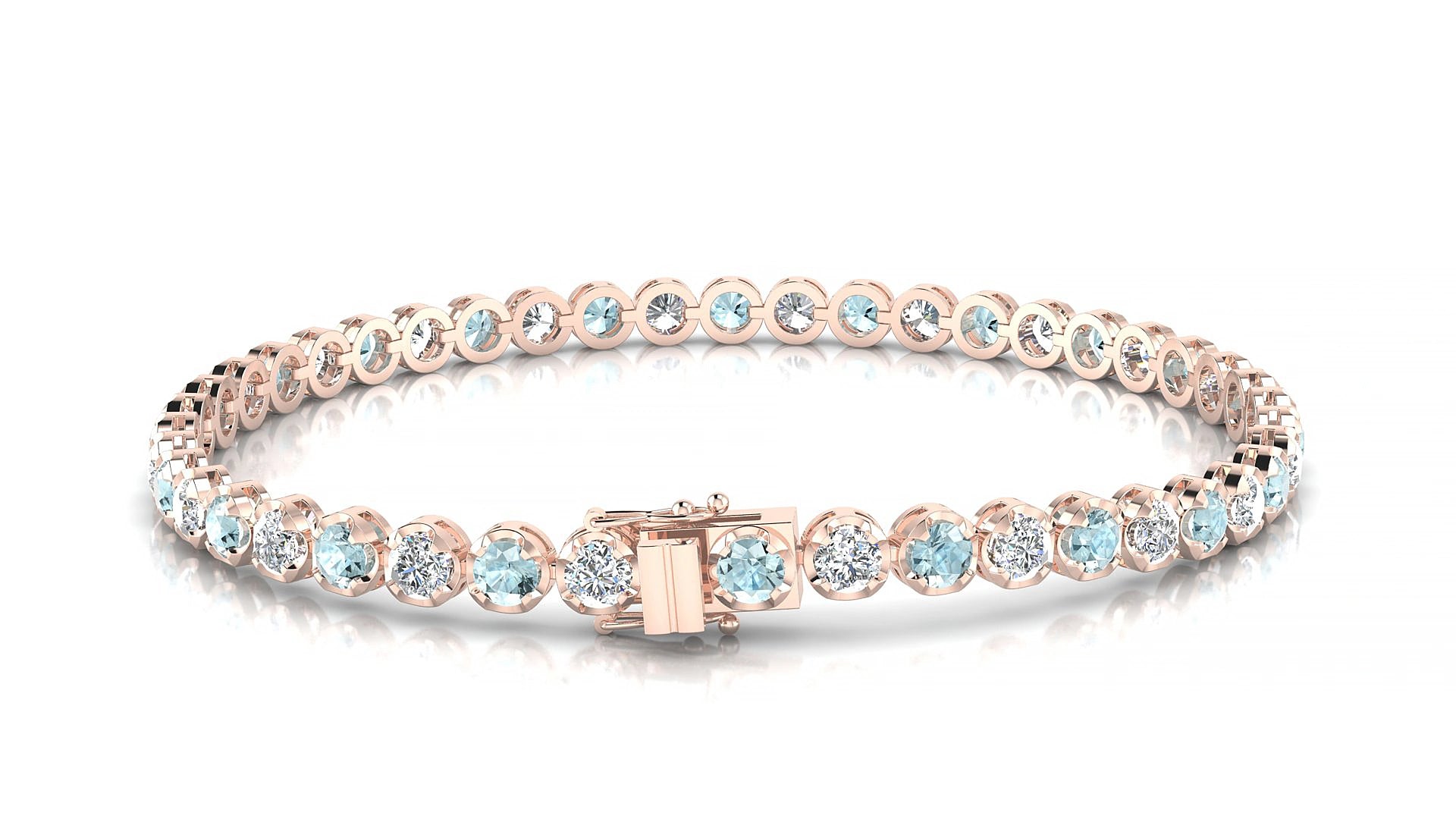 Bengal 1-1 | 18k Rose Gold 3 mm Round Natural Aquamarine & Diamond 17 cm Tennis Bracelet