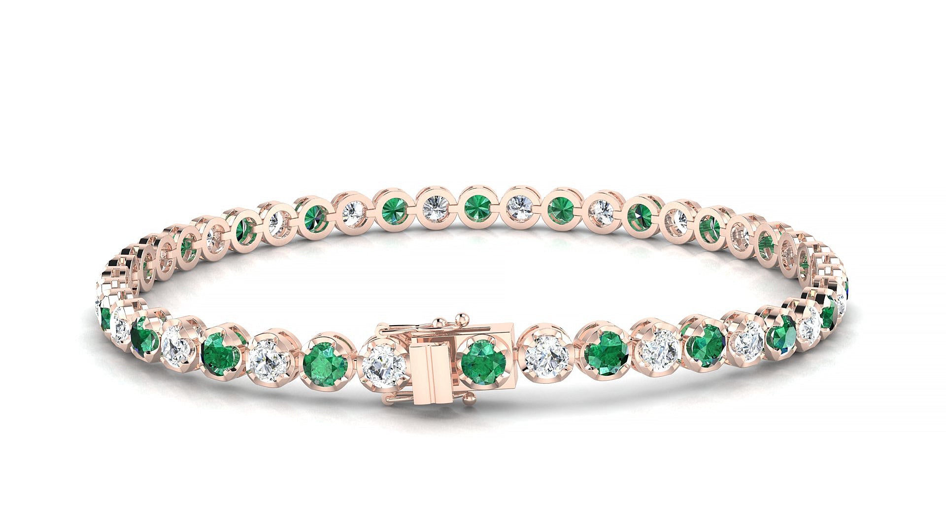 Bengal 1-1 | 18k Rose Gold 3 mm Round Natural Emerald & Diamond Tennis Bracelet
