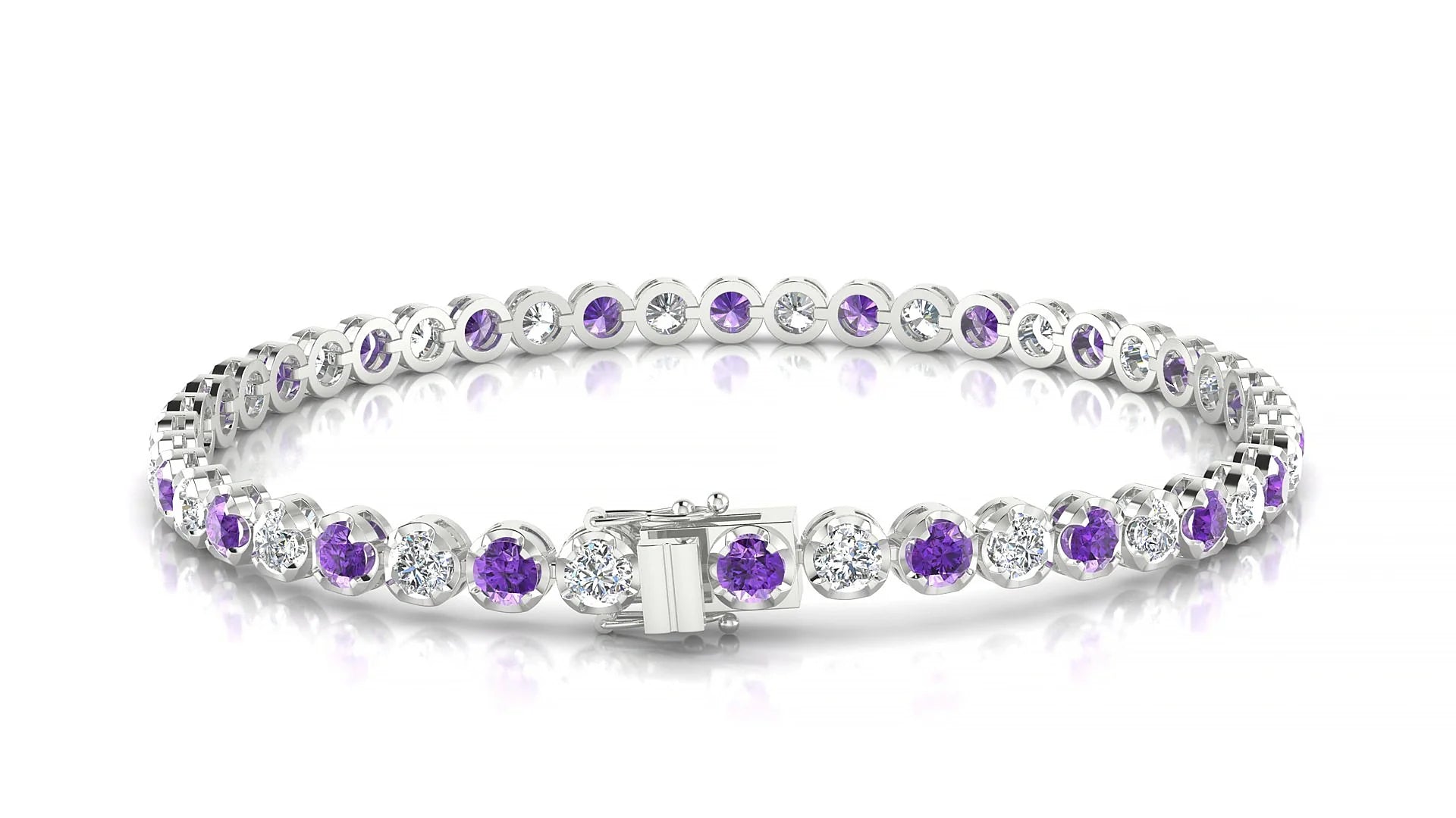 Bengal 1-1 | 18k White Gold 3 mm Round Natural Amethyst & Diamond Tennis Bracelet