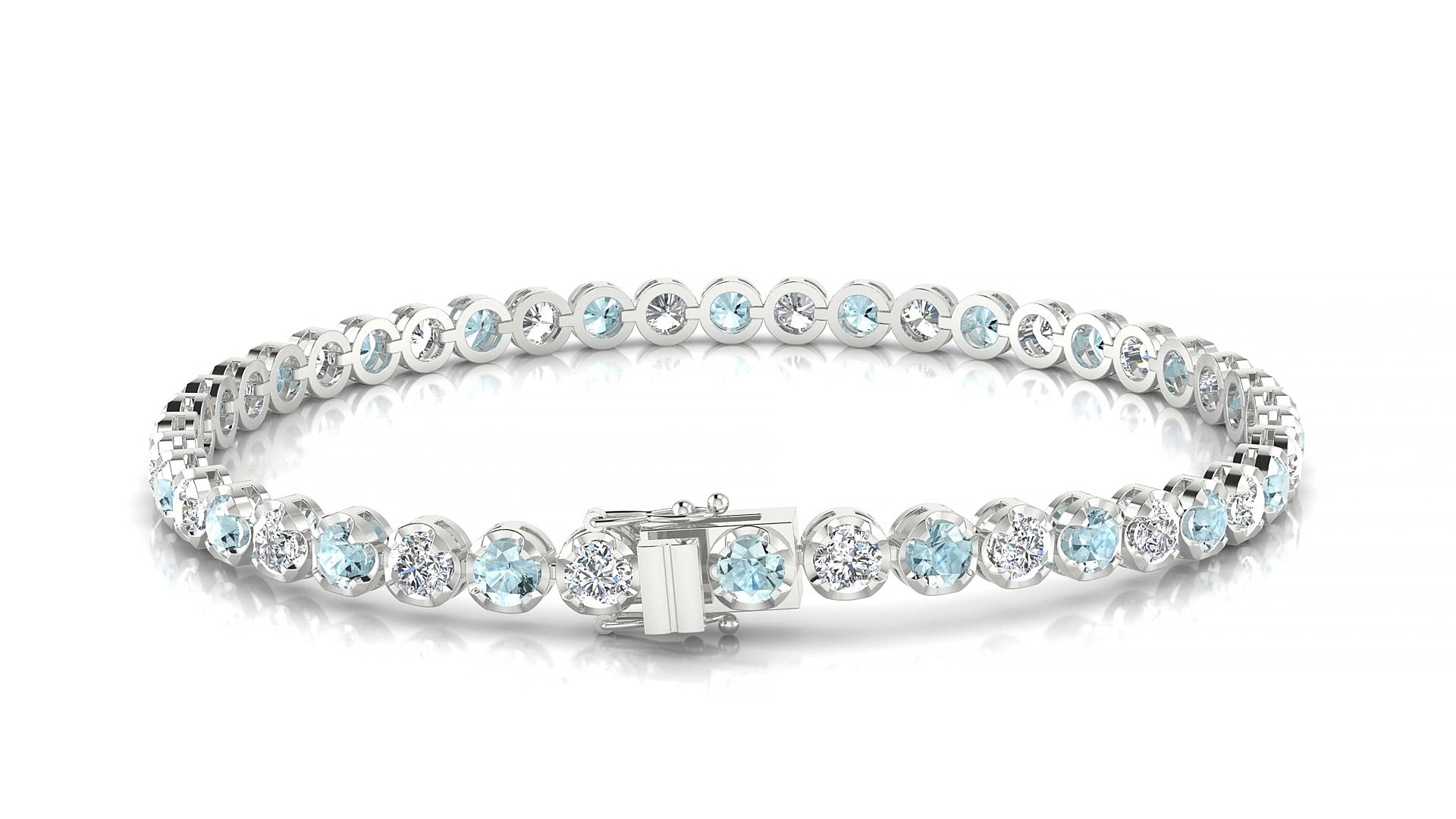 Bengal 1-1 | 18k White Gold 3 mm Round Natural Aquamarine & Diamond 17 cm Tennis Bracelet