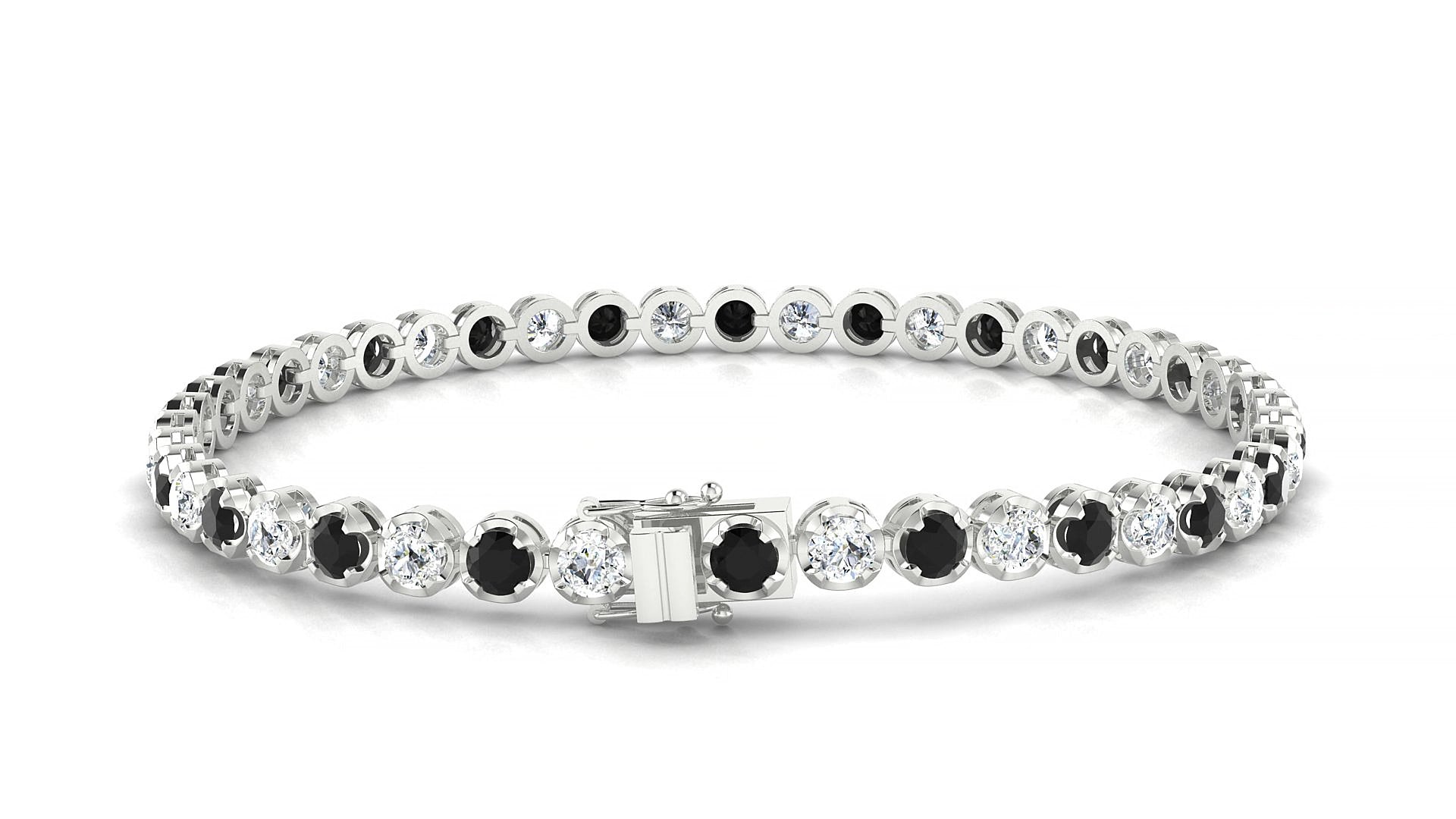 Bengal 1-1 | 18k White Gold 3 mm Round Natural Black Diamond & Diamond 15 cm Tennis Bracelet