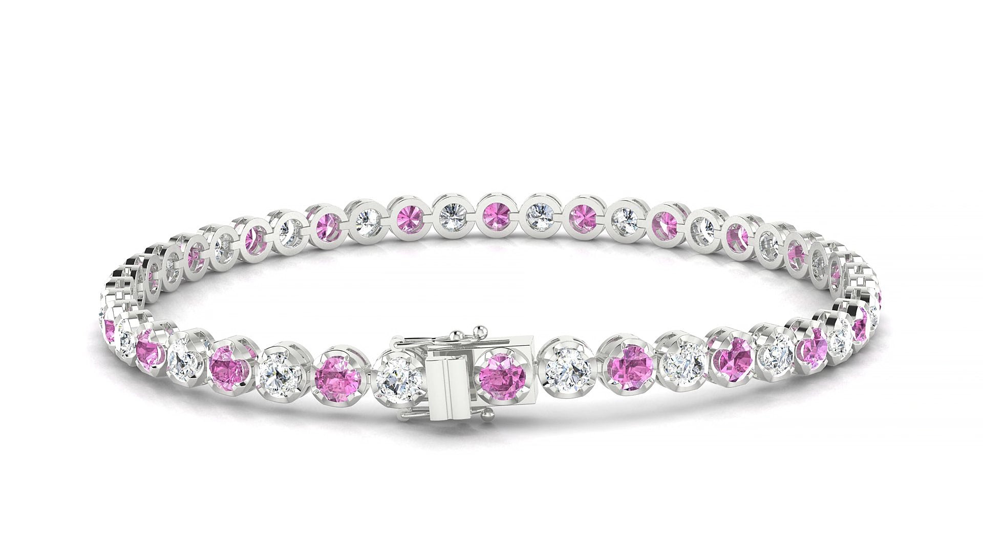 Bengal 1-1 | 18k White Gold 3 mm Round Natural Pink Sapphire & Diamond 15 cm Tennis Bracelet