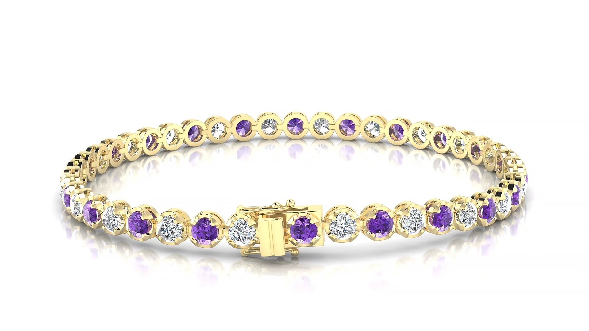 Bengal 1-1 | 18k Yellow Gold 3 mm Round Natural Amethyst & Diamond Tennis Bracelet