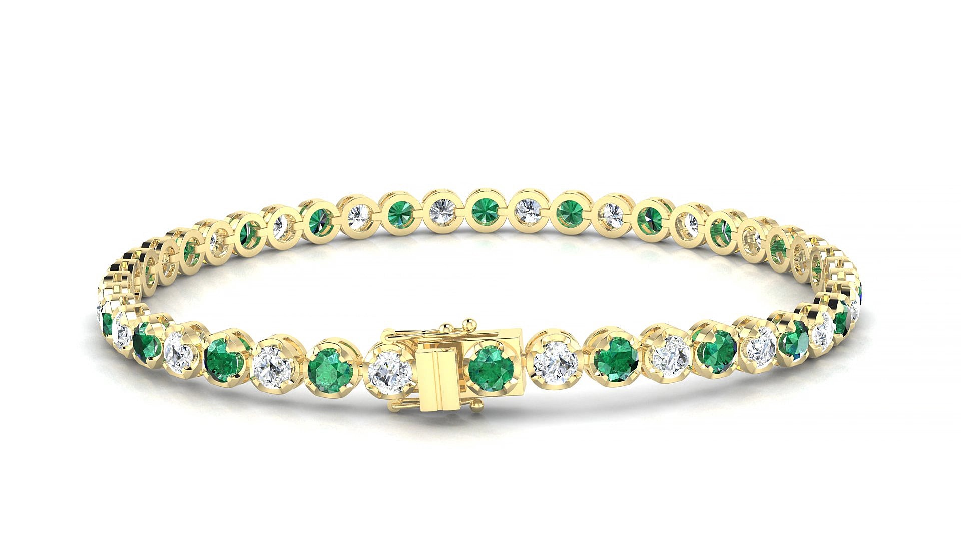 Bengal 1-1 | 18k Yellow Gold 3 mm Round Natural Emerald & Diamond 15 cm Tennis Bracelet