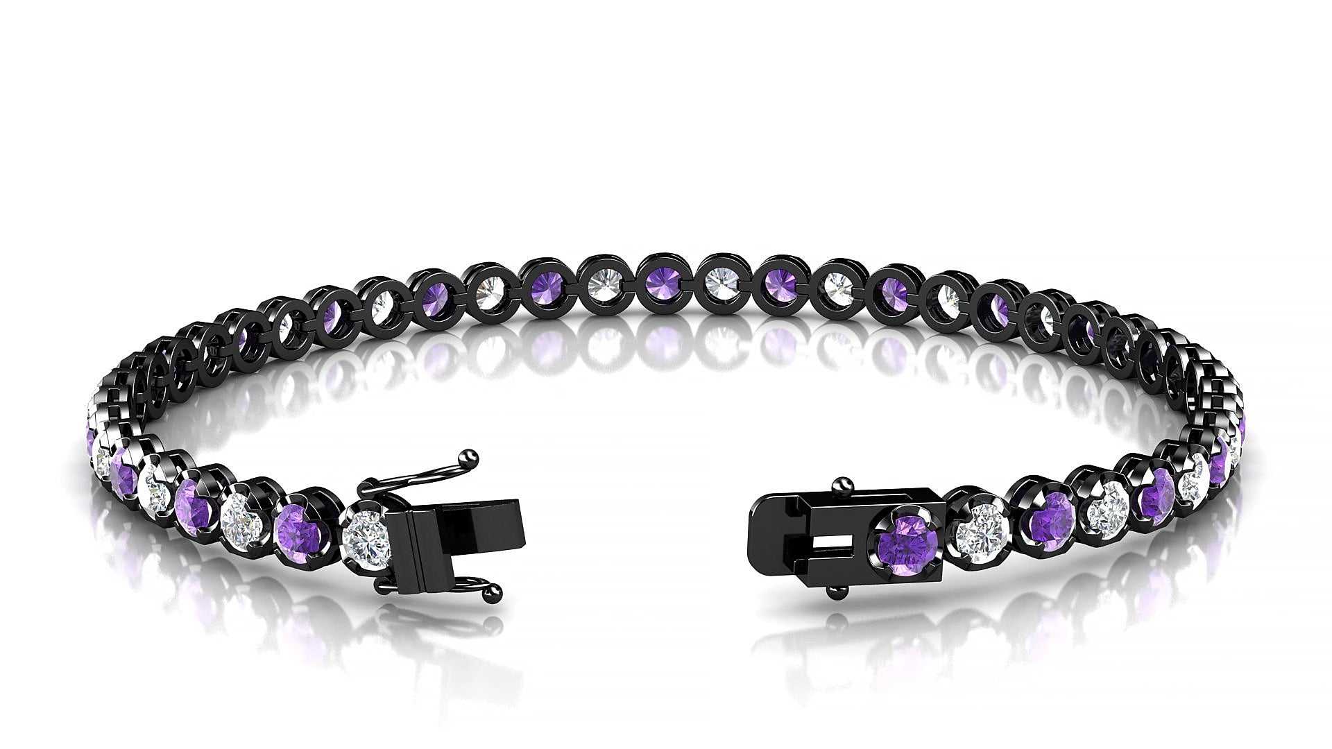 Bengal 1-1 | 18k Black Gold 3 mm Round Natural Amethyst & Diamond 17 cm Tennis Bracelet