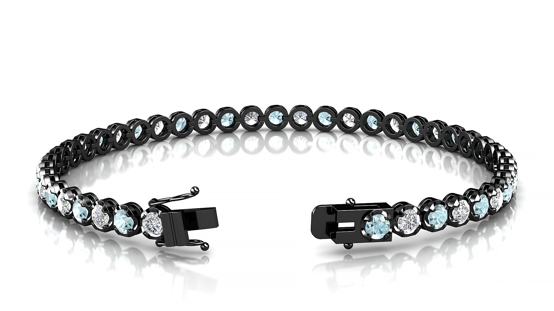 Bengal 1-1 | 18k Black Gold 3 mm Round Natural Aquamarine & Diamond 15 cm Tennis Bracelet