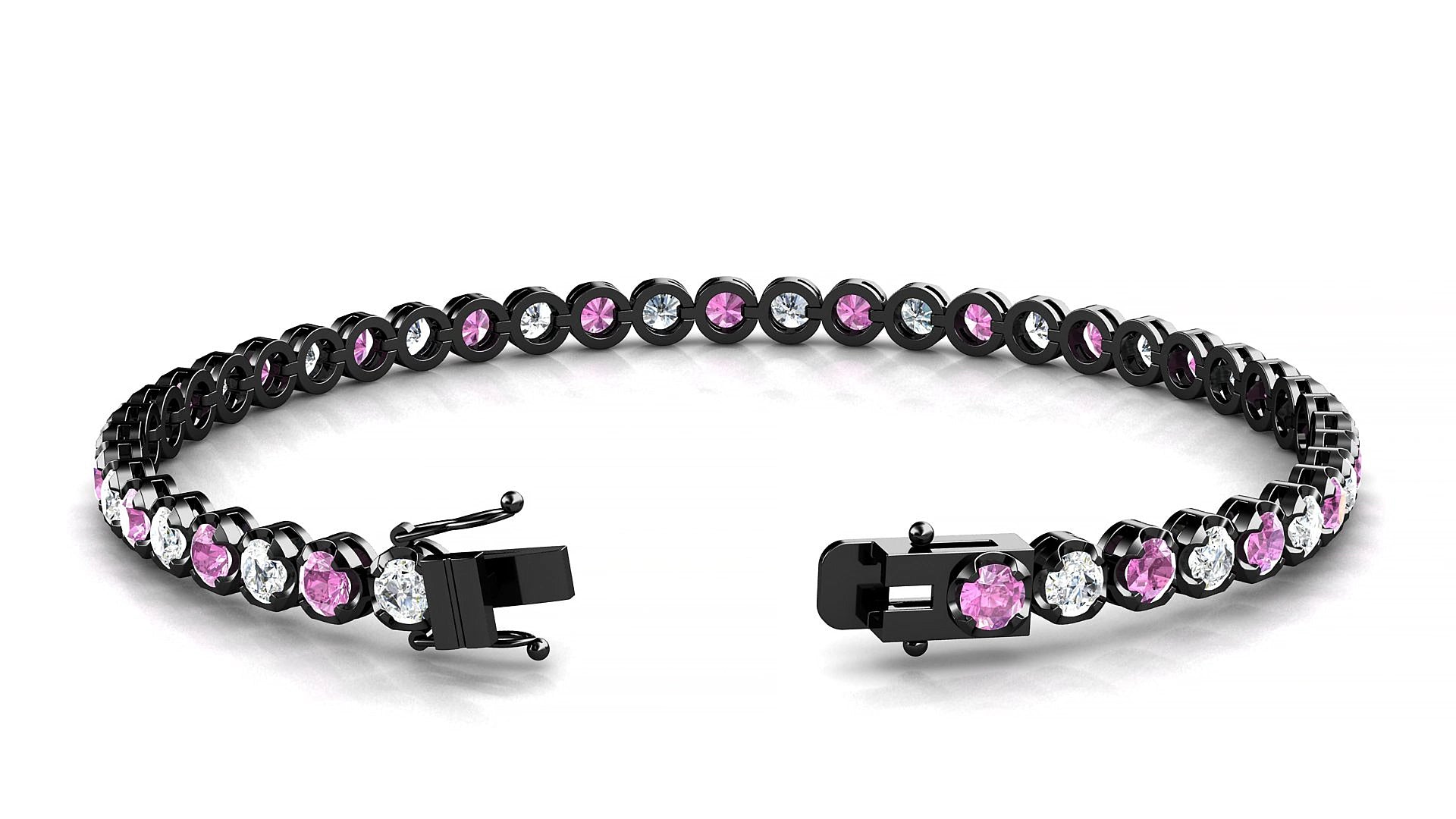 Bengal 1-1 | 18k Black Gold 3 mm Round Natural Pink Sapphire & Diamond 20 cm Tennis Bracelet
