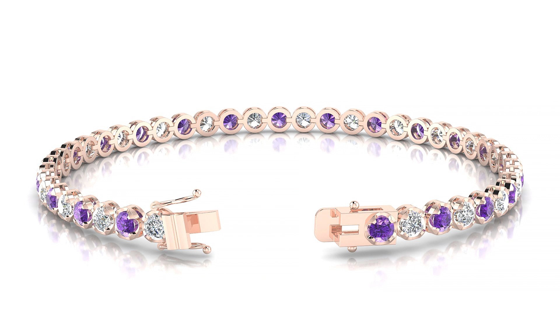 Bengal 1-1 | 18k Rose Gold 3 mm Round Natural Amethyst & Diamond 17 cm Tennis Bracelet