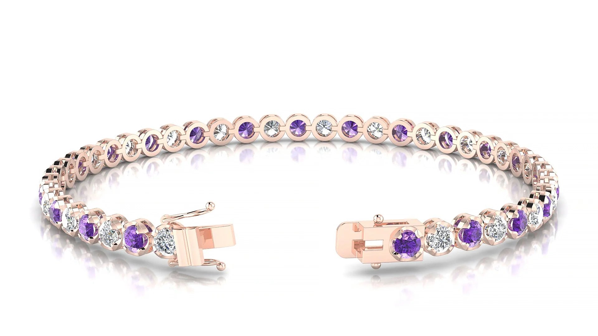 Bengal 1-1 | 18k Rose Gold 3 mm Round Natural Amethyst & Diamond Tennis Bracelet