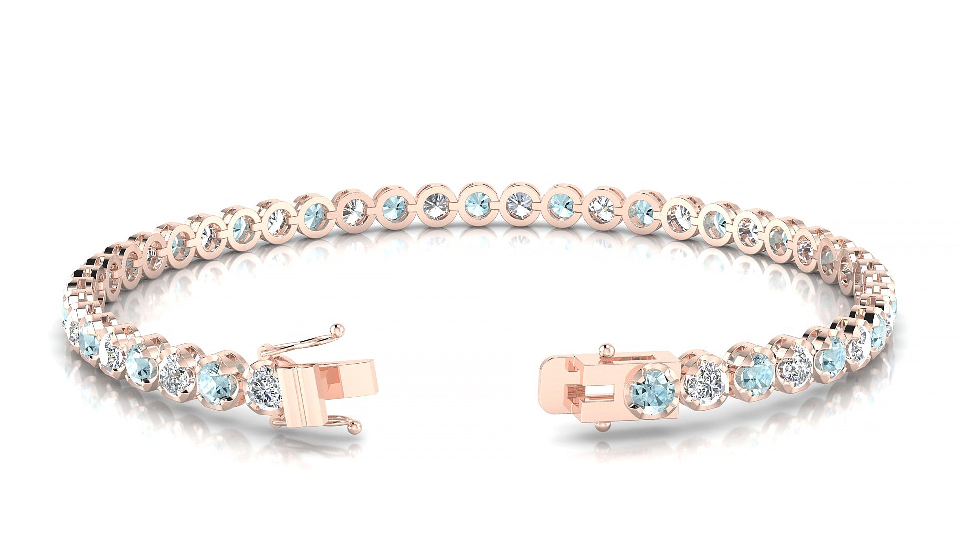 Bengal 1-1 | 18k Rose Gold 3 mm Round Natural Aquamarine & Diamond 17 cm Tennis Bracelet
